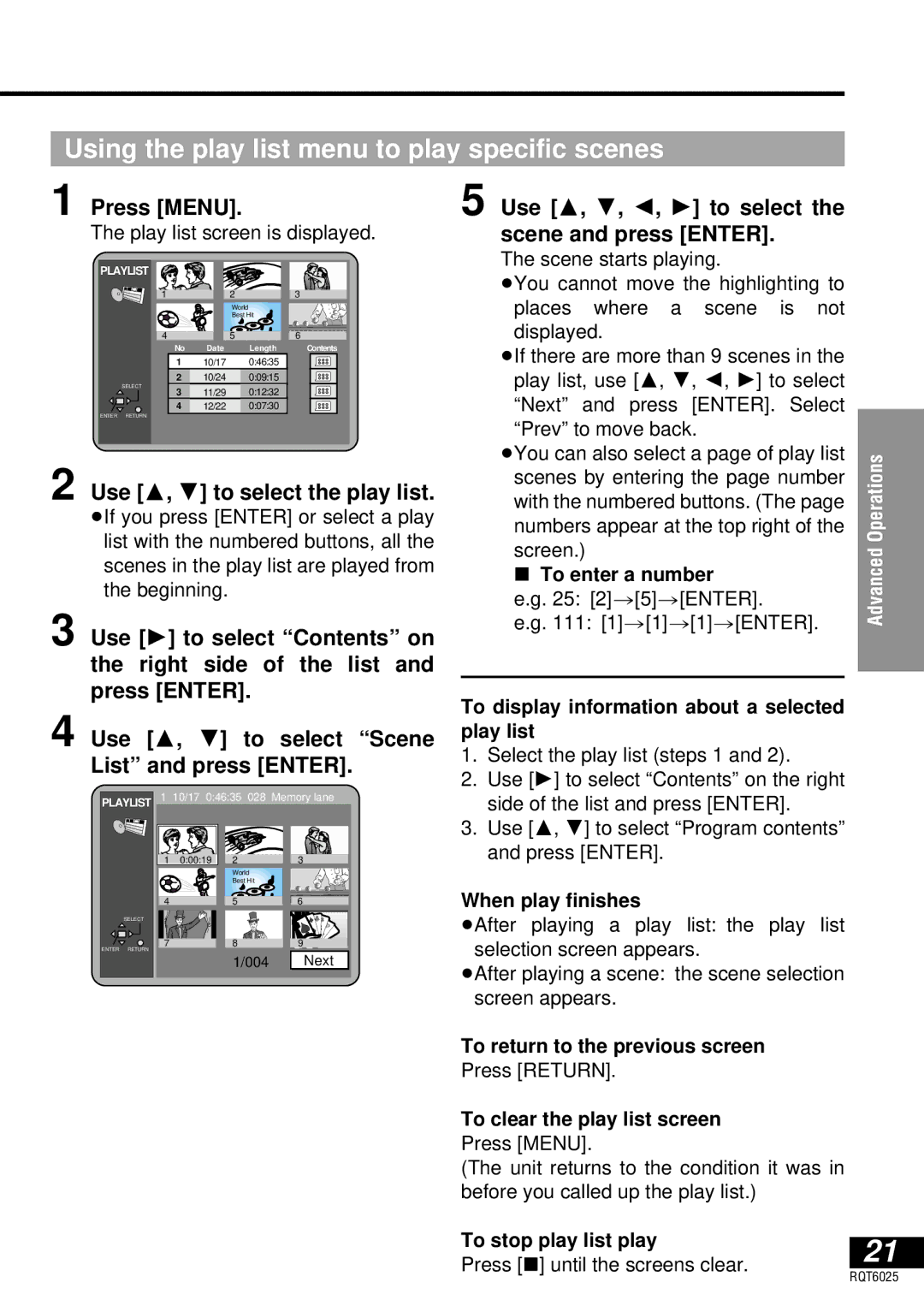 Panasonic DVD-LA95 Using the play list menu to play specific scenes, Press Menu, Use 3, 4 to select the play list 