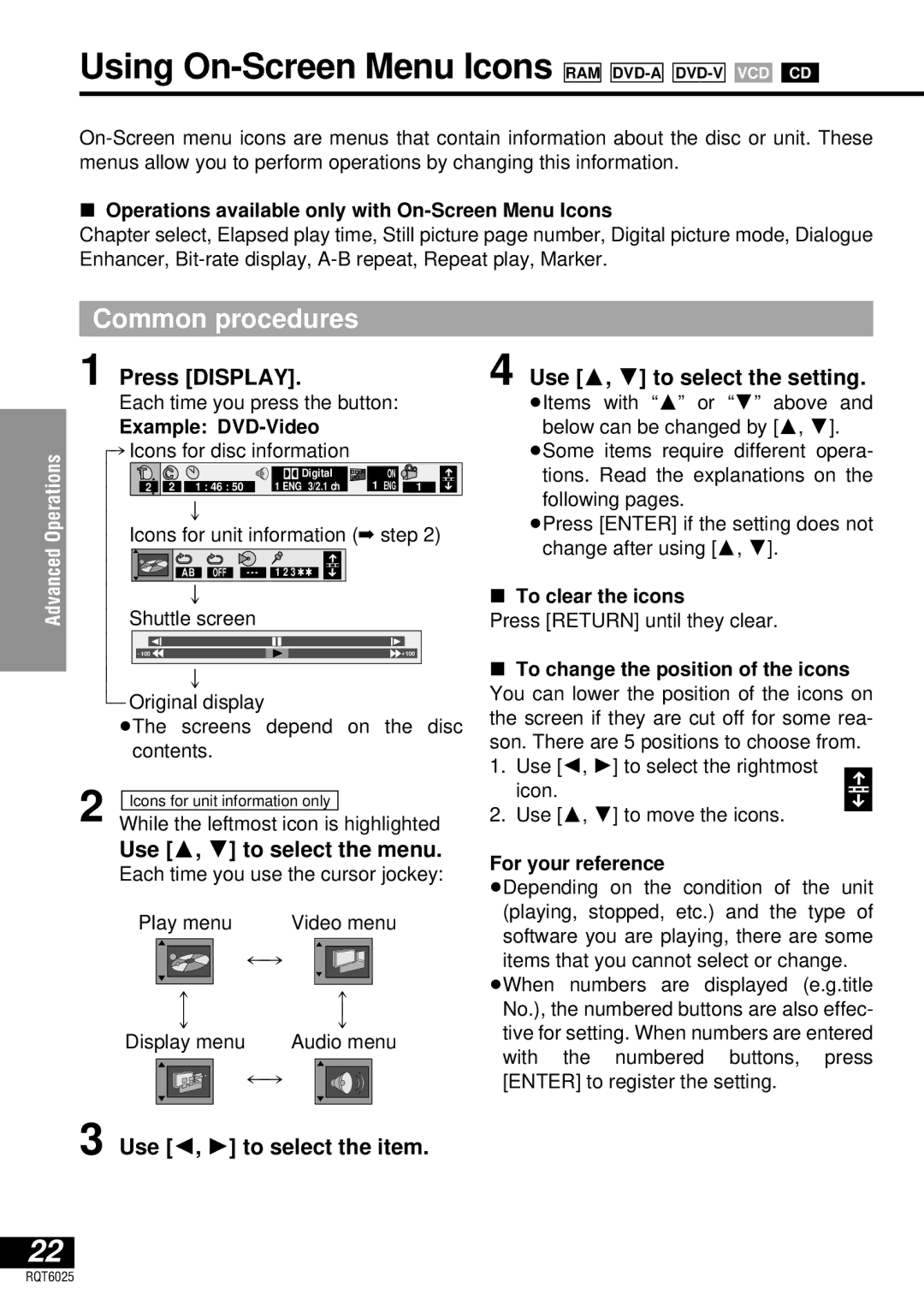 Panasonic DVD-LA95 operating instructions Using On-Screen Menu Icons, Common procedures 