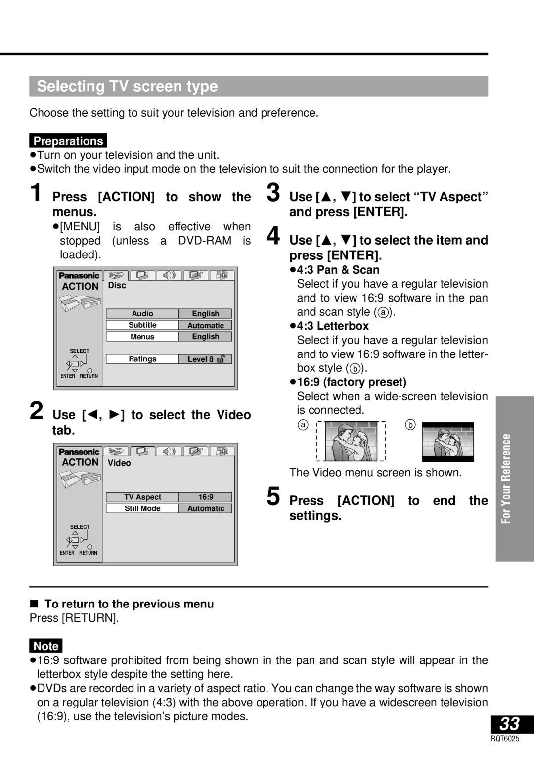 Panasonic DVD-LA95 Selecting TV screen type, Press Action to show the menus, Use 2, 1 to select the Video tab 