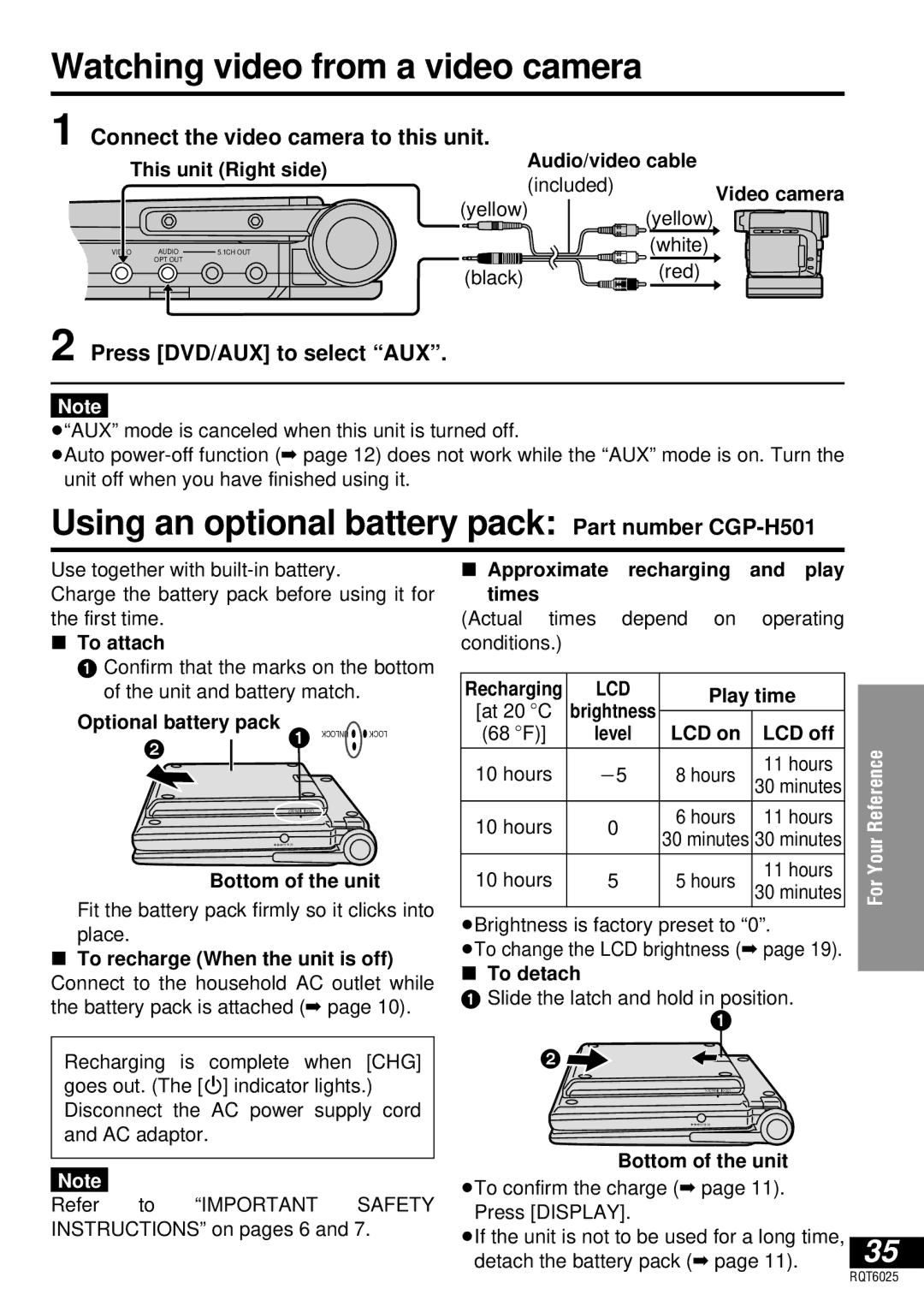 Panasonic DVD-LA95 Watching video from a video camera, Using an optional battery pack Part number CGP-H501 