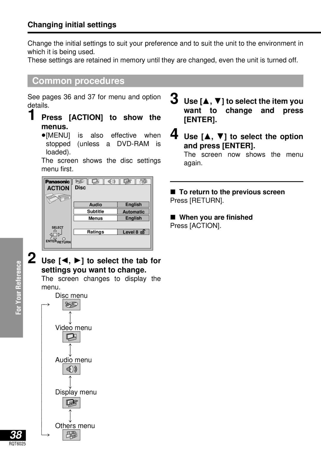 Panasonic DVD-LA95 Changing initial settings, Use 2, 1 to select the tab for Settings you want to change, Press Action 