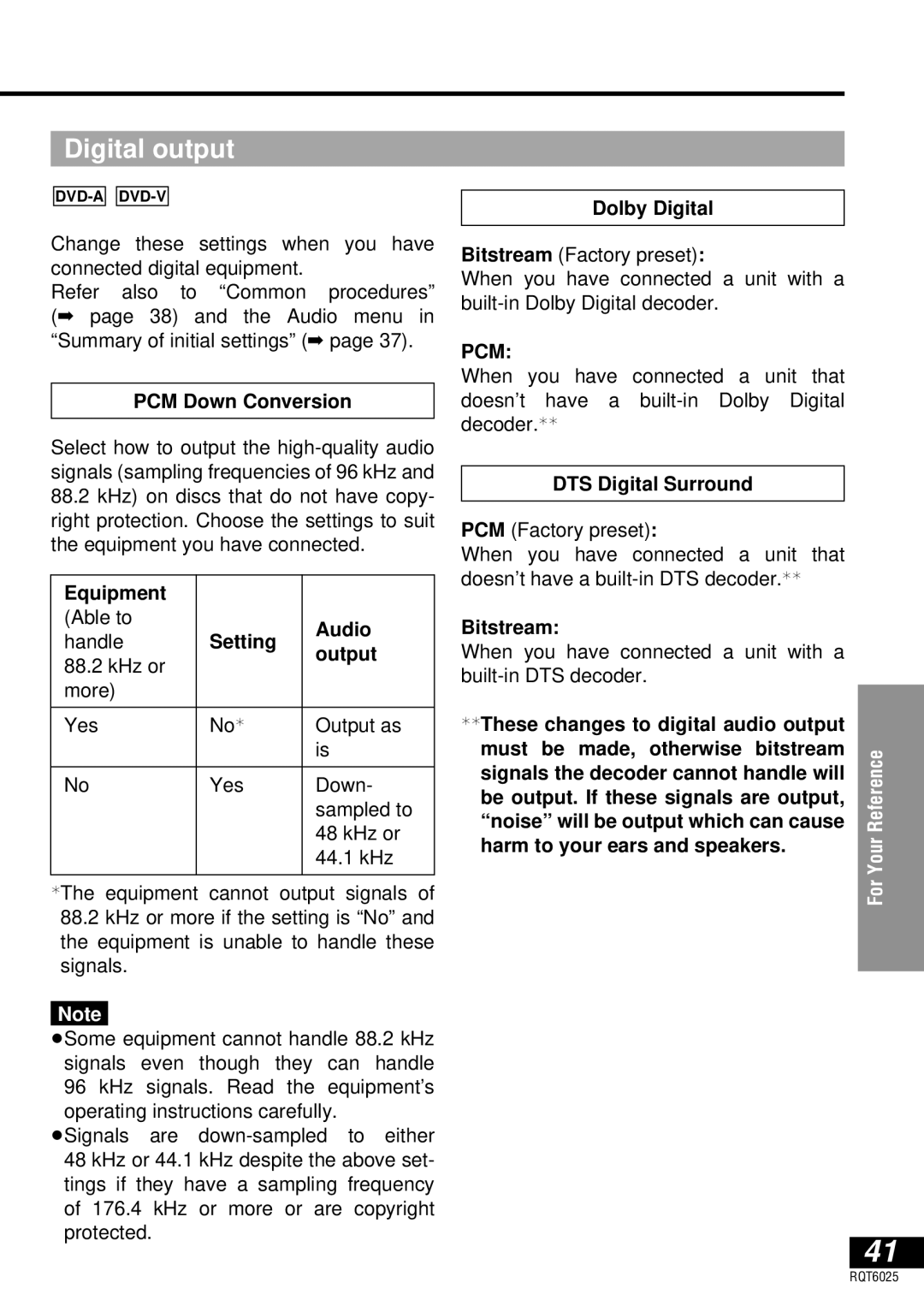 Panasonic DVD-LA95 operating instructions Digital output, Equipment, Setting, Output, Bitstream 