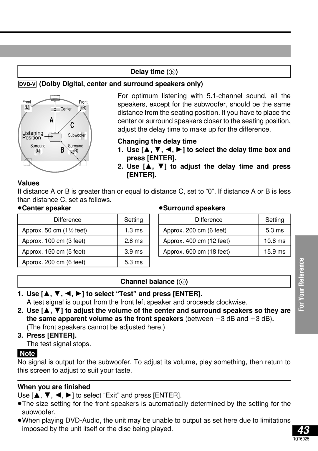 Panasonic DVD-LA95 operating instructions Values, ≥Surround speakers, Front speakers cannot be adjusted here, Press Enter 