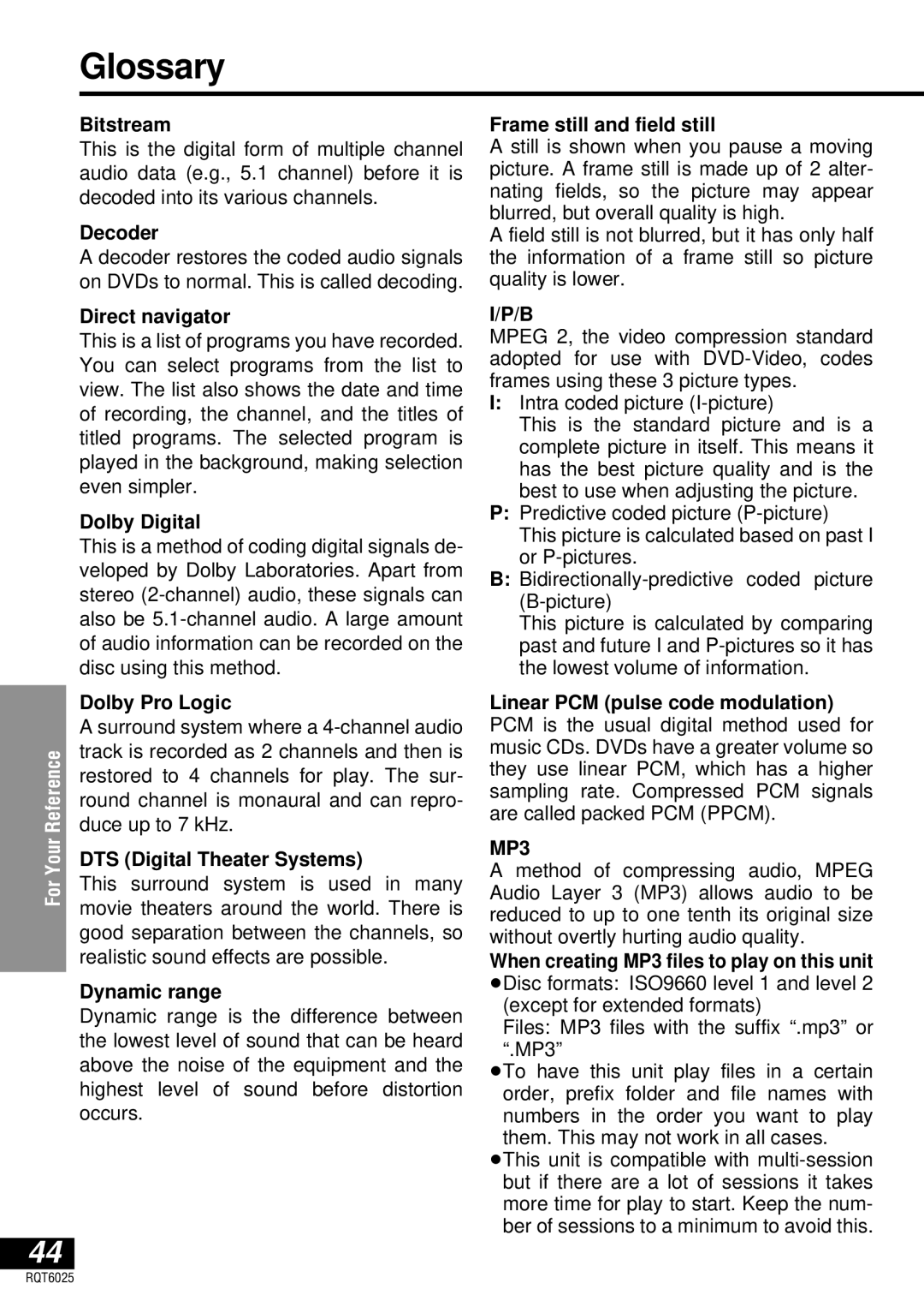 Panasonic DVD-LA95 operating instructions Glossary 