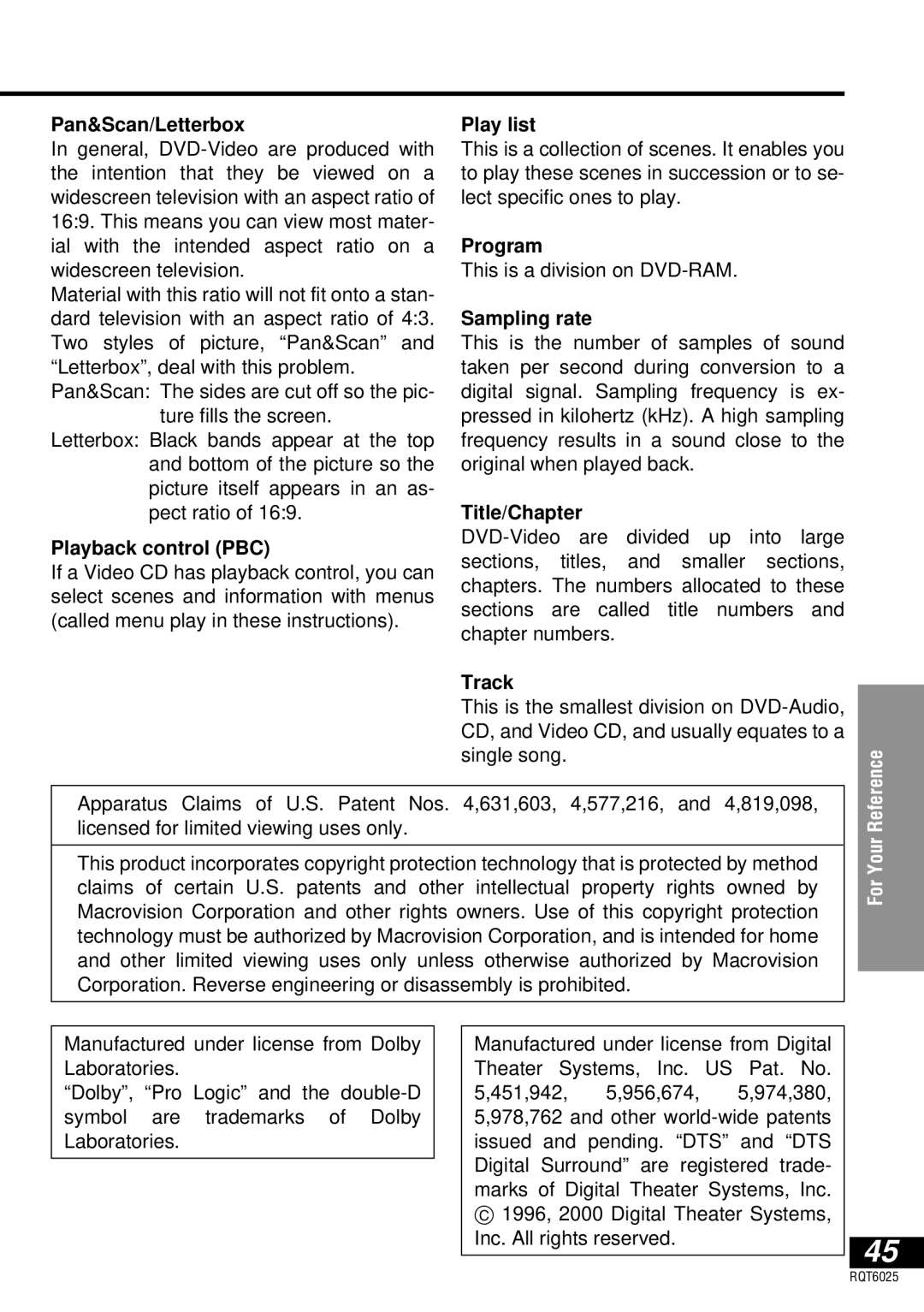 Panasonic DVD-LA95 Pan&Scan/Letterbox, Playback control PBC, Play list, Sampling rate, Title/Chapter, Track 