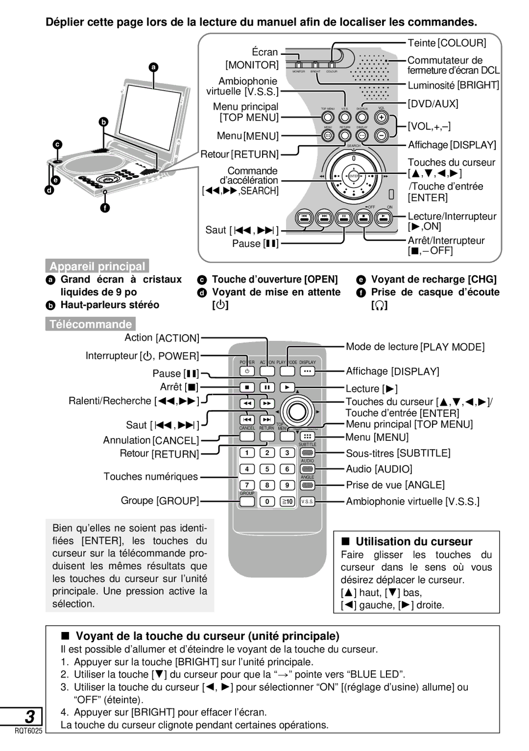 Panasonic DVD-LA95 operating instructions Appareil principal, Té lé commande, Utilisation du curseur 