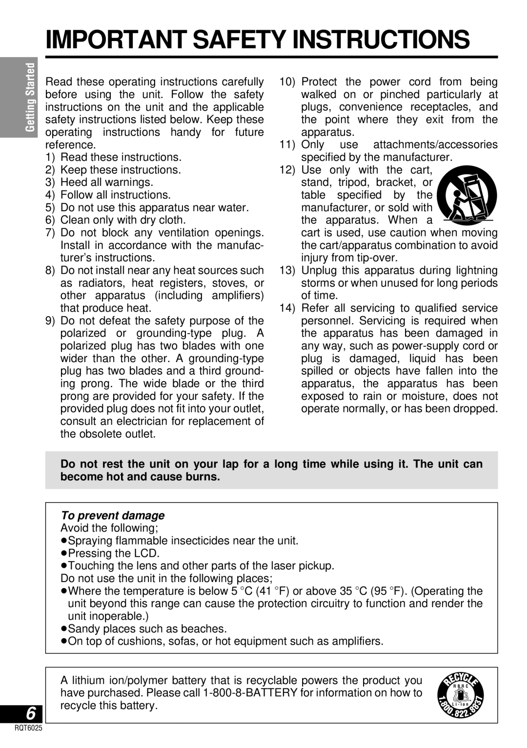 Panasonic DVD-LA95 operating instructions Important Safety Instructions 