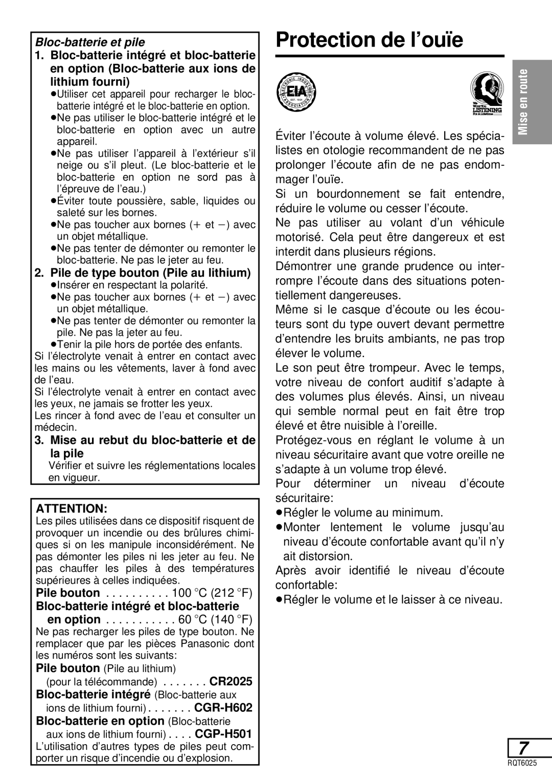 Panasonic DVD-LA95 operating instructions Protection de l’ouïe, Route 