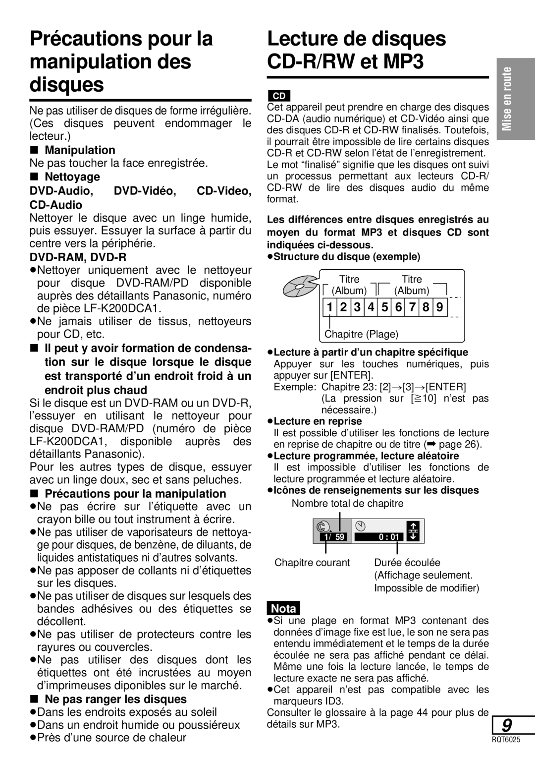 Panasonic DVD-LA95 operating instructions Précautions pour la manipulation des disques, Lecture de disques CD-R/RW et MP3 