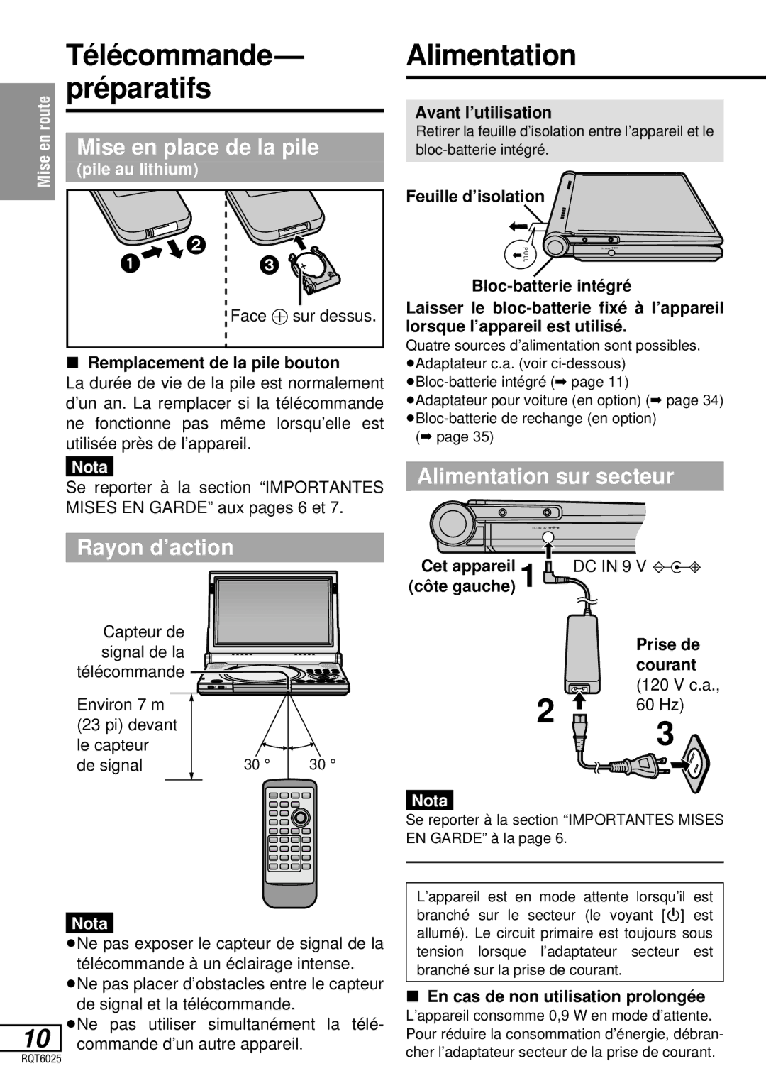 Panasonic DVD-LA95 operating instructions Mise en place de la pile, Rayon d’action, Alimentation sur secteur 