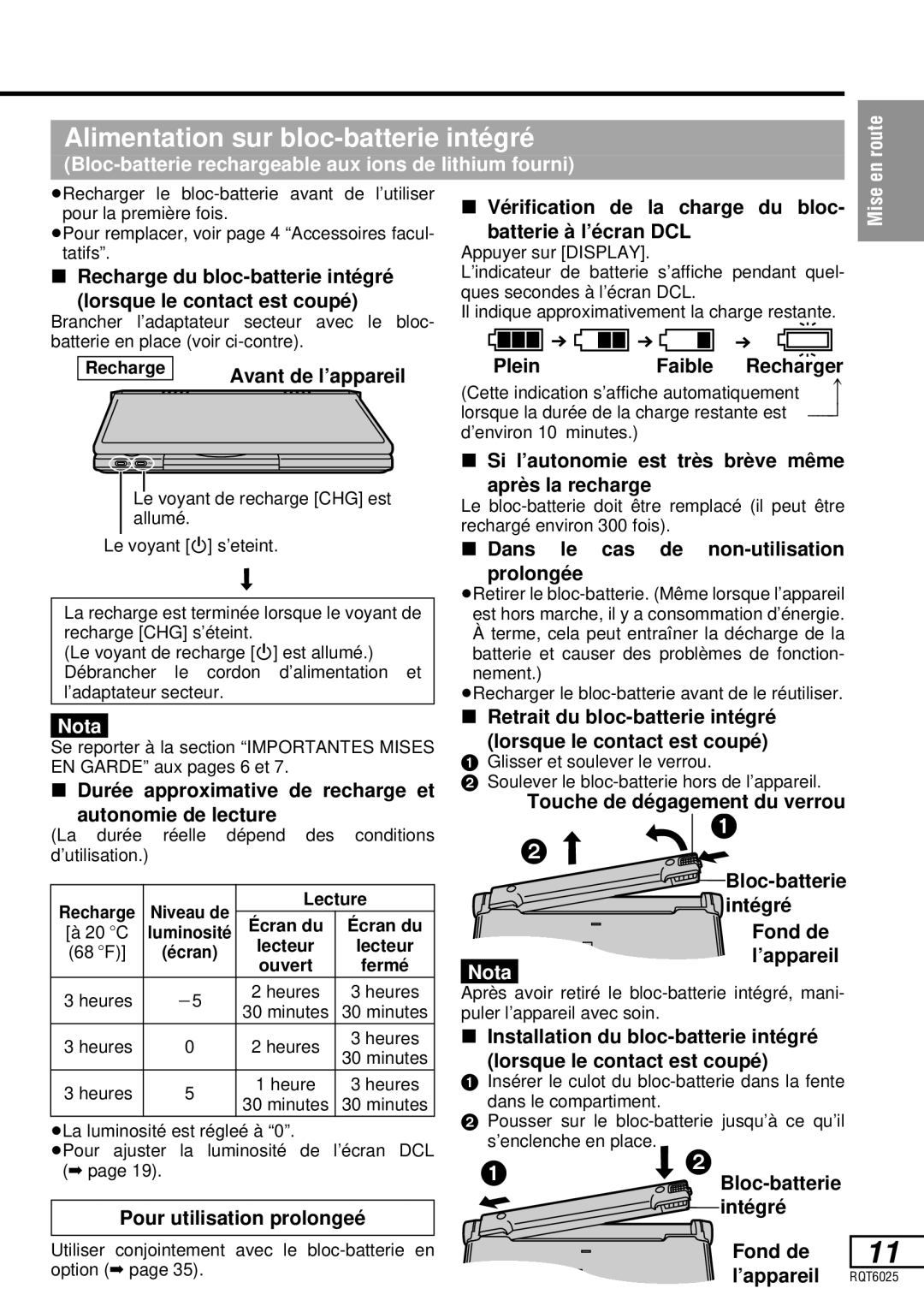 Panasonic DVD-LA95 operating instructions Alimentation sur bloc-batterie inté gré, Mise Nota 