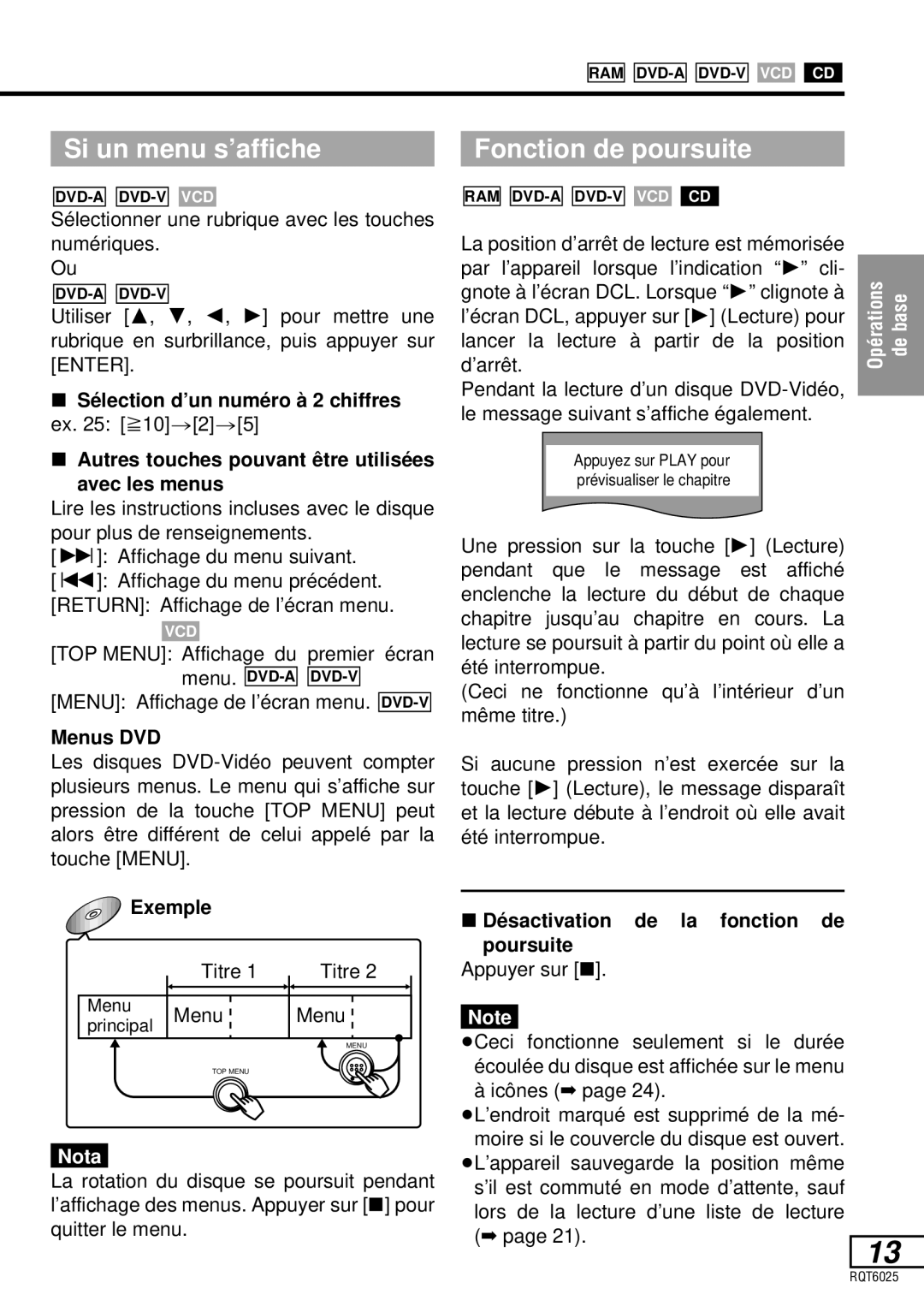 Panasonic DVD-LA95 operating instructions Si un menu s’affiche Fonction de poursuite, Menus DVD, Basede 