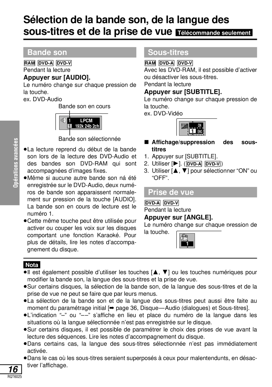 Panasonic DVD-LA95 operating instructions Bande son, Sous-titres, Prise de vue 