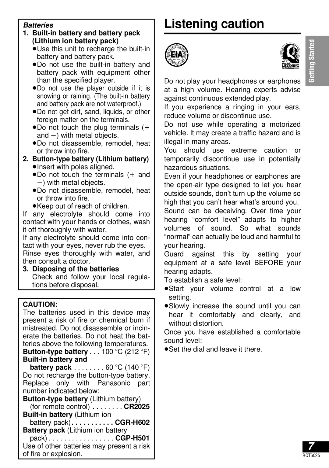 Panasonic DVD-LA95 operating instructions Listening caution, Built-in battery and battery pack Lithium ion battery pack 