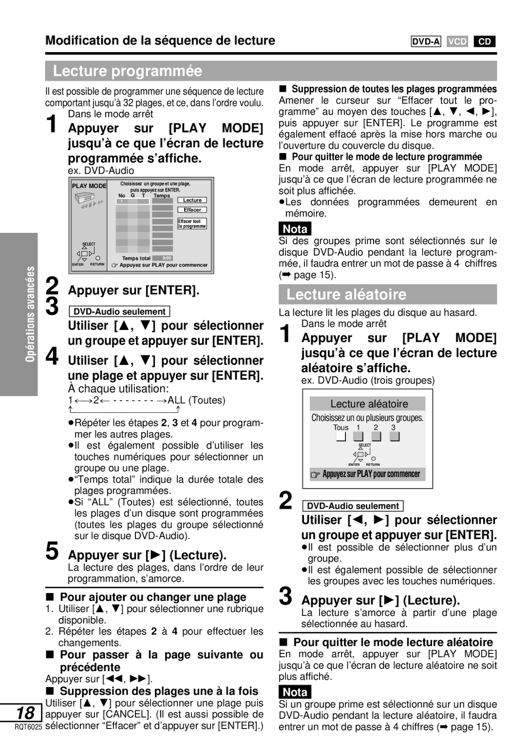 Panasonic DVD-LA95 operating instructions Lecture programmé e, Lecture alé atoire, Appuyer sur Enter 