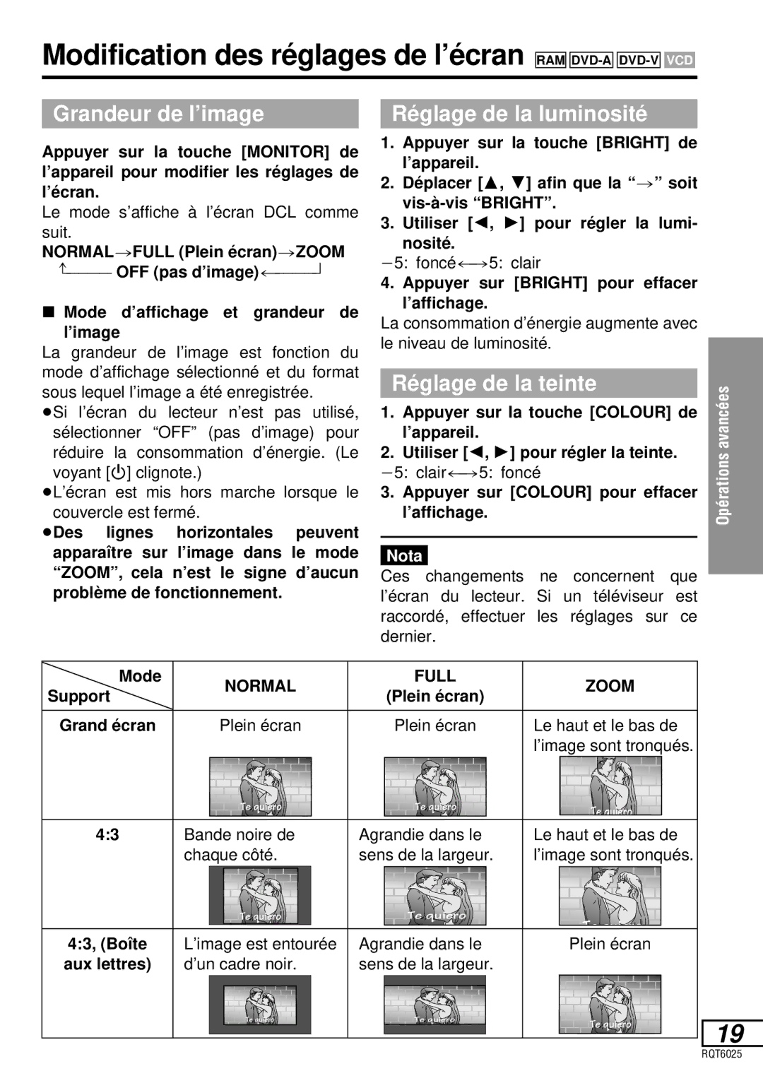 Panasonic DVD-LA95 Modification des réglages de l’écran RAM DVD-A DVD-VVCD, Grandeur de l’image, Ré glage de la luminosité 