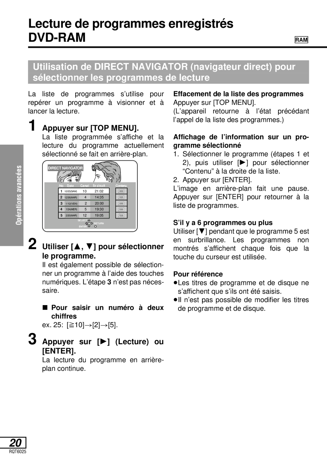 Panasonic DVD-LA95 Lecture de programmes enregistrés, Appuyer sur TOP Menu, Utiliser 3, 4 pour sé lectionner le programme 