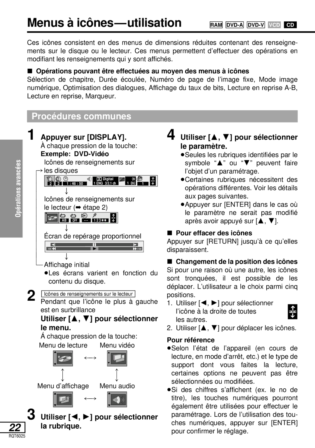 Panasonic DVD-LA95 operating instructions Menus à icô nes-utilisation, Procé dures communes 