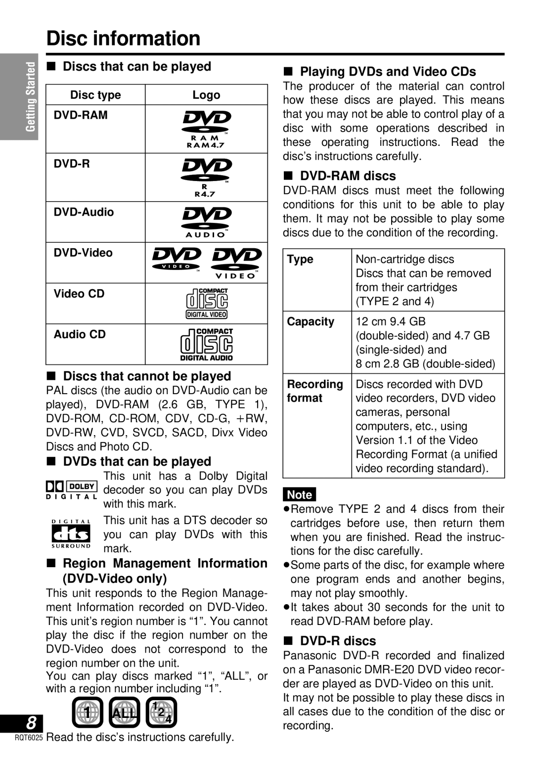 Panasonic DVD-LA95 operating instructions Disc information 