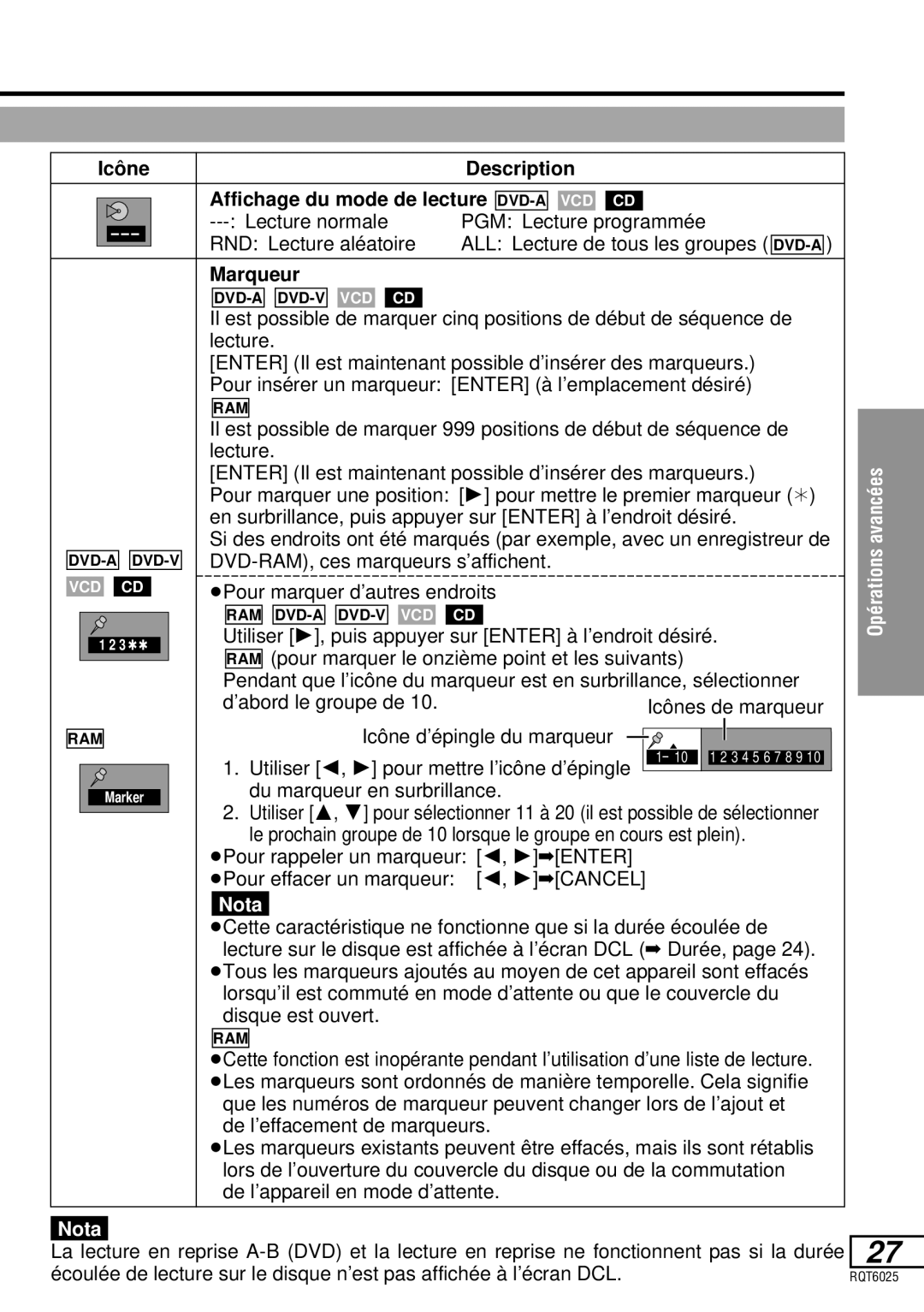 Panasonic DVD-LA95 operating instructions Affichage du mode de lecture, Marqueur 