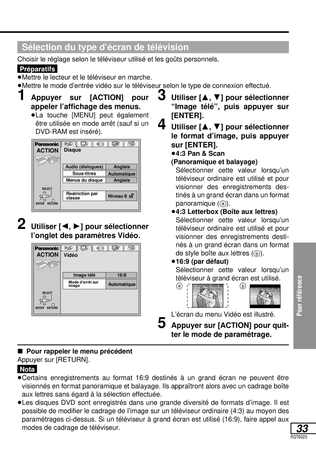 Panasonic DVD-LA95 Sélection du type d’écran de télévision, Appuyer sur Action pour appeler l’affichage des menus 