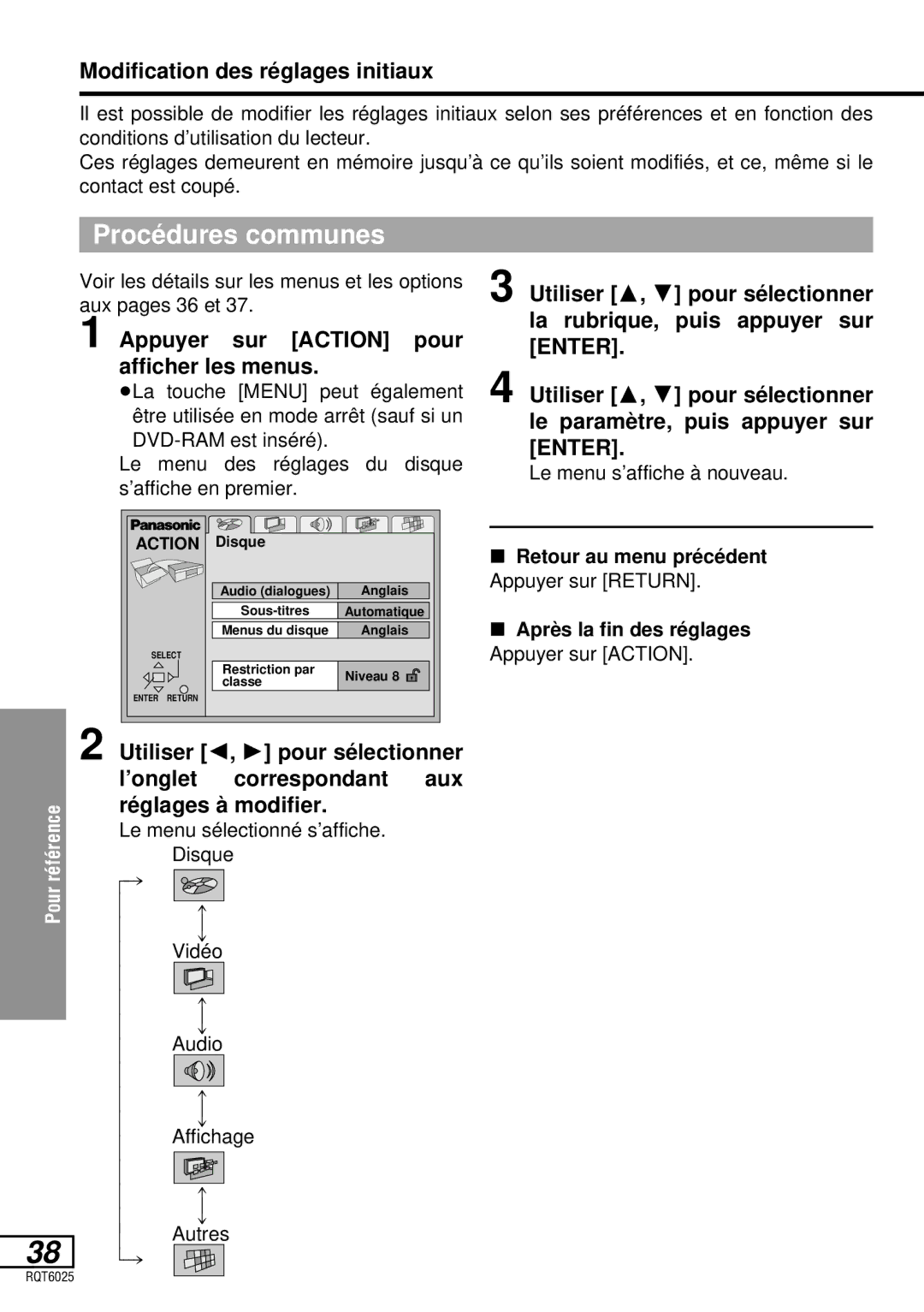 Panasonic DVD-LA95 Procédures communes, Modification des réglages initiaux, Appuyer sur Action pour afficher les menus 