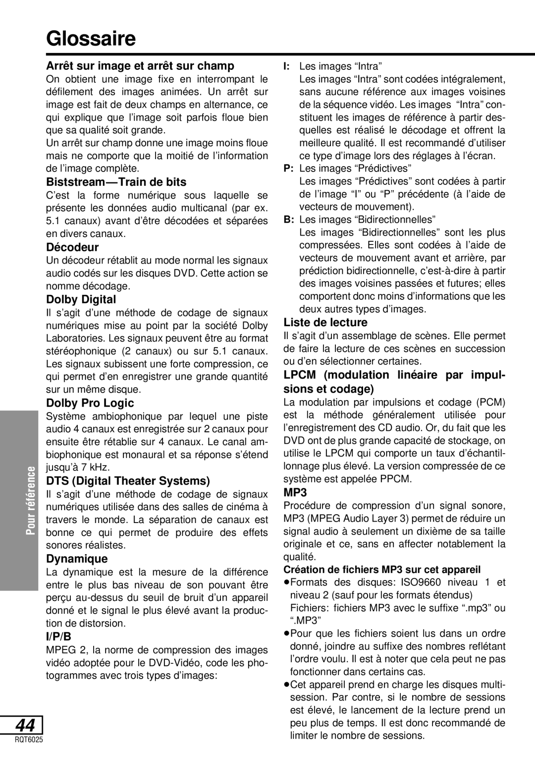 Panasonic DVD-LA95 operating instructions Glossaire 