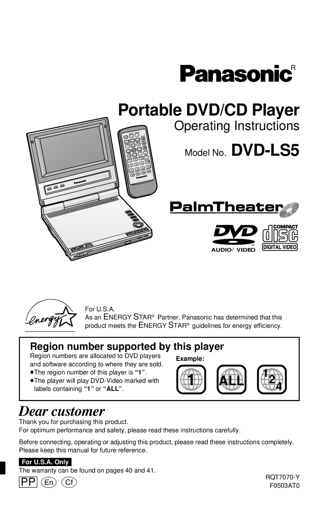 Panasonic DVD-LS5 warranty For U.S.A, Example, Warranty can be found on pages 40 RQT7070-Y F0503AT0 