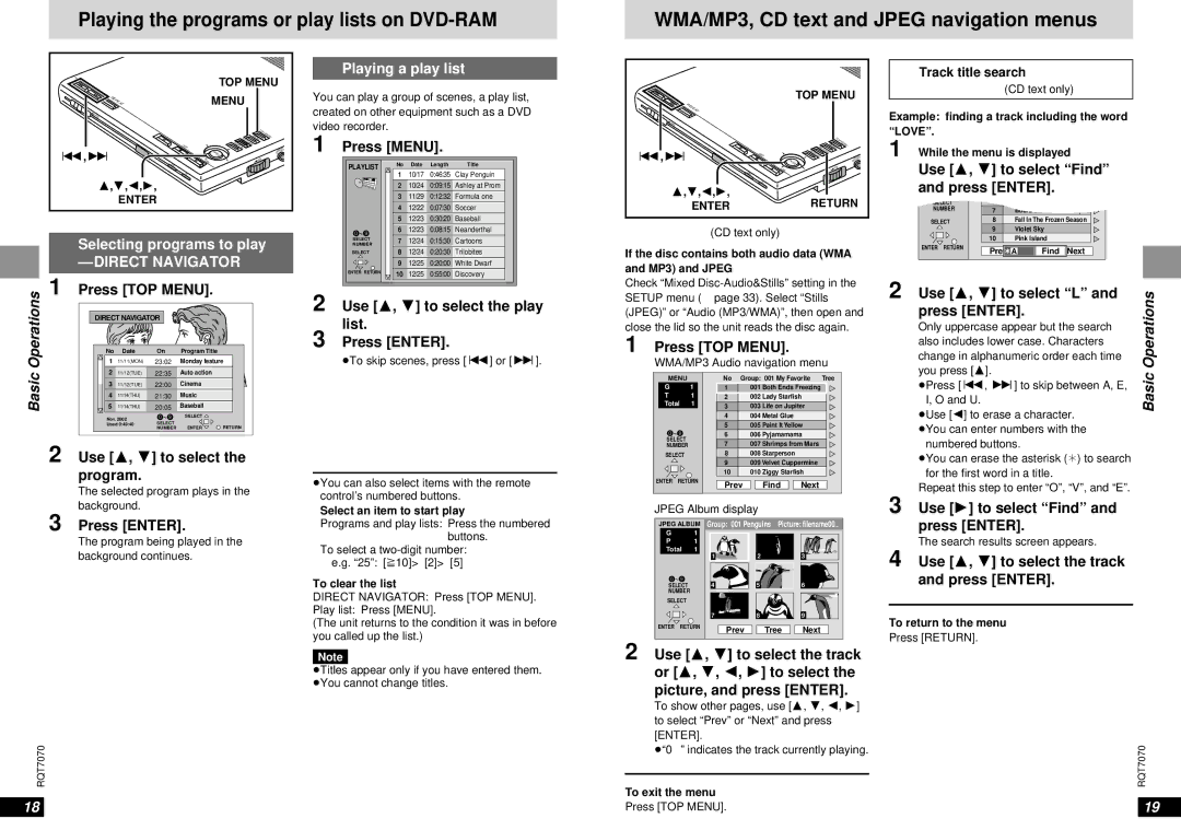 Panasonic DVD-LS5 warranty WMA/MP3, CD text and Jpeg navigation menus, Playing a play list, Selecting programs to play 