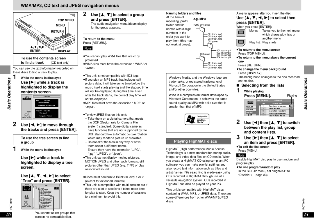 Panasonic DVD-LS5 warranty Use 1 while a track is, Highlighted to display, Contents screen, Playing HighMAT discs 