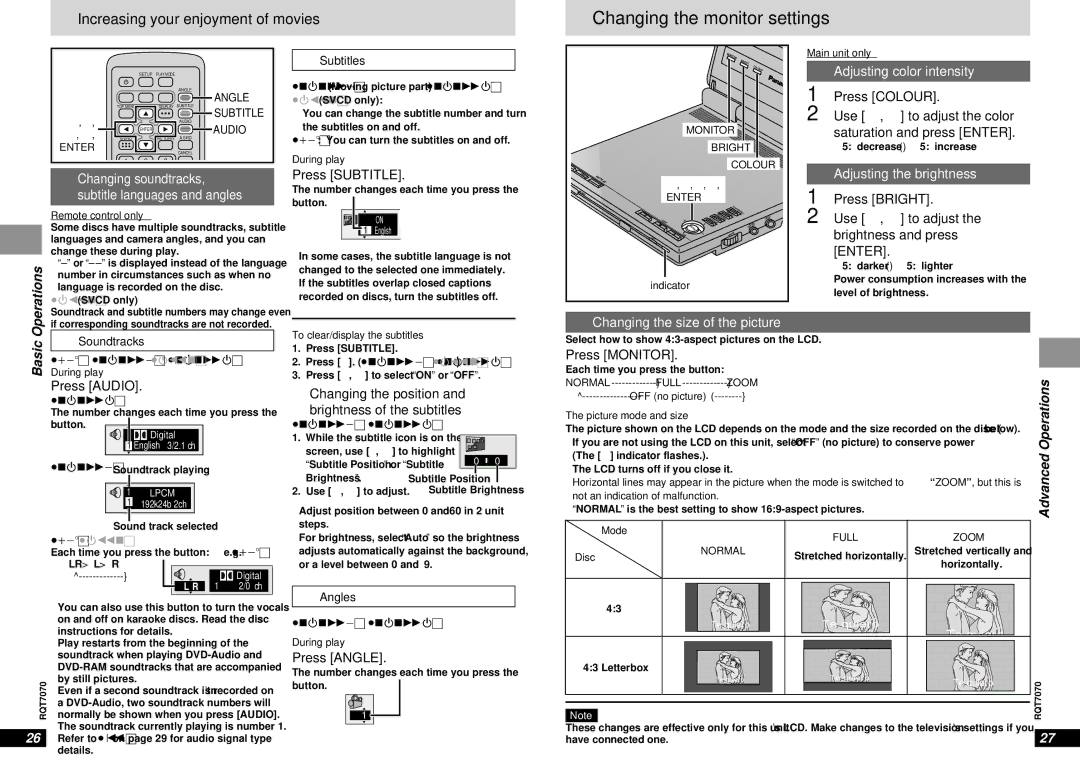 Panasonic DVD-LS5 warranty Changing the monitor settings, Adjusting color intensity, Adjusting the brightness 