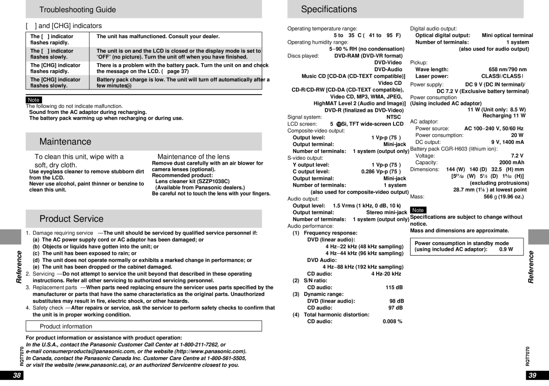 Panasonic DVD-LS5 warranty Specifications, Maintenance, Product Service, Reference 