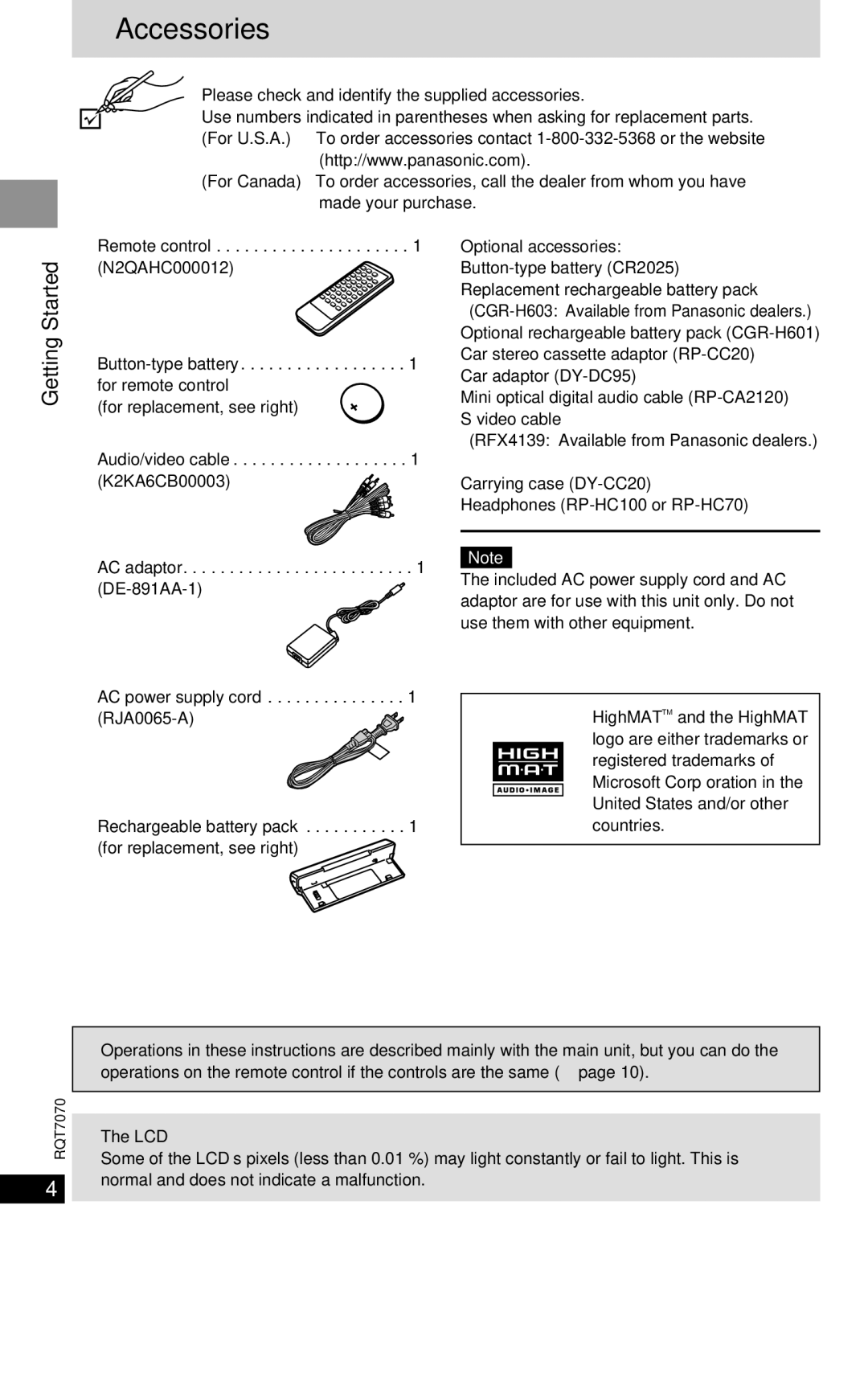 Panasonic DVD-LS5 warranty Accessories Table of contents 