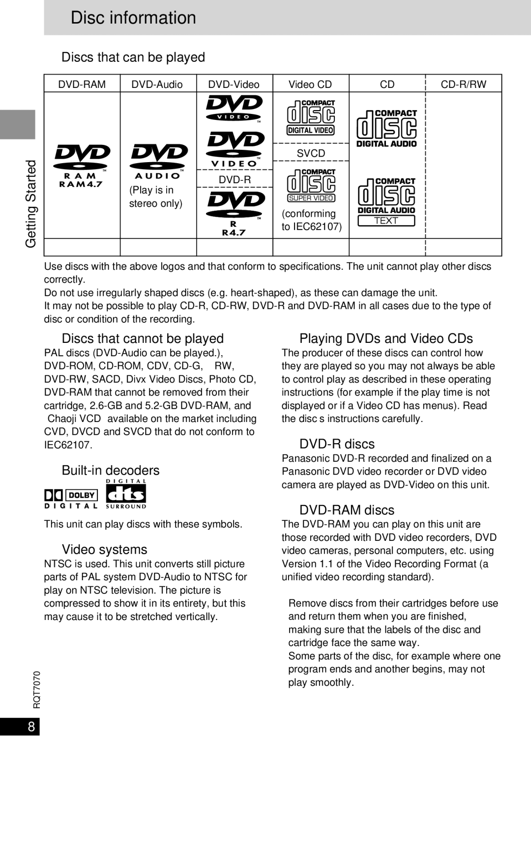 Panasonic DVD-LS5 warranty Disc information 