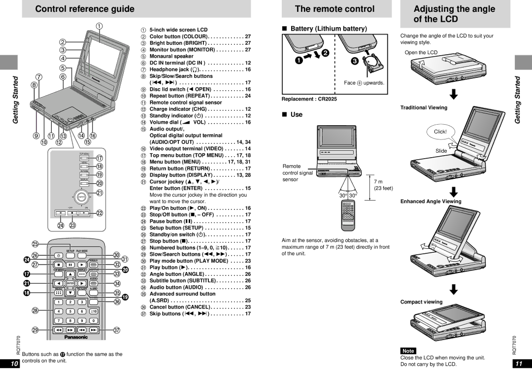 Panasonic DVD-LS5 Control reference guide, Remote control, Adjusting the angle of the LCD, Battery Lithium battery, Use 