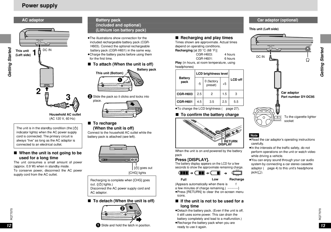 Panasonic DVD-LS5 Power supply, AC adaptor, StartedGetting, Battery pack Included and optional Lithium ion battery pack 