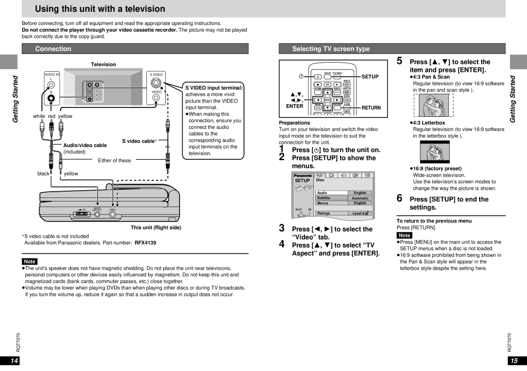 Panasonic DVD-LS5 warranty Using this unit with a television, Connection Selecting TV screen type 