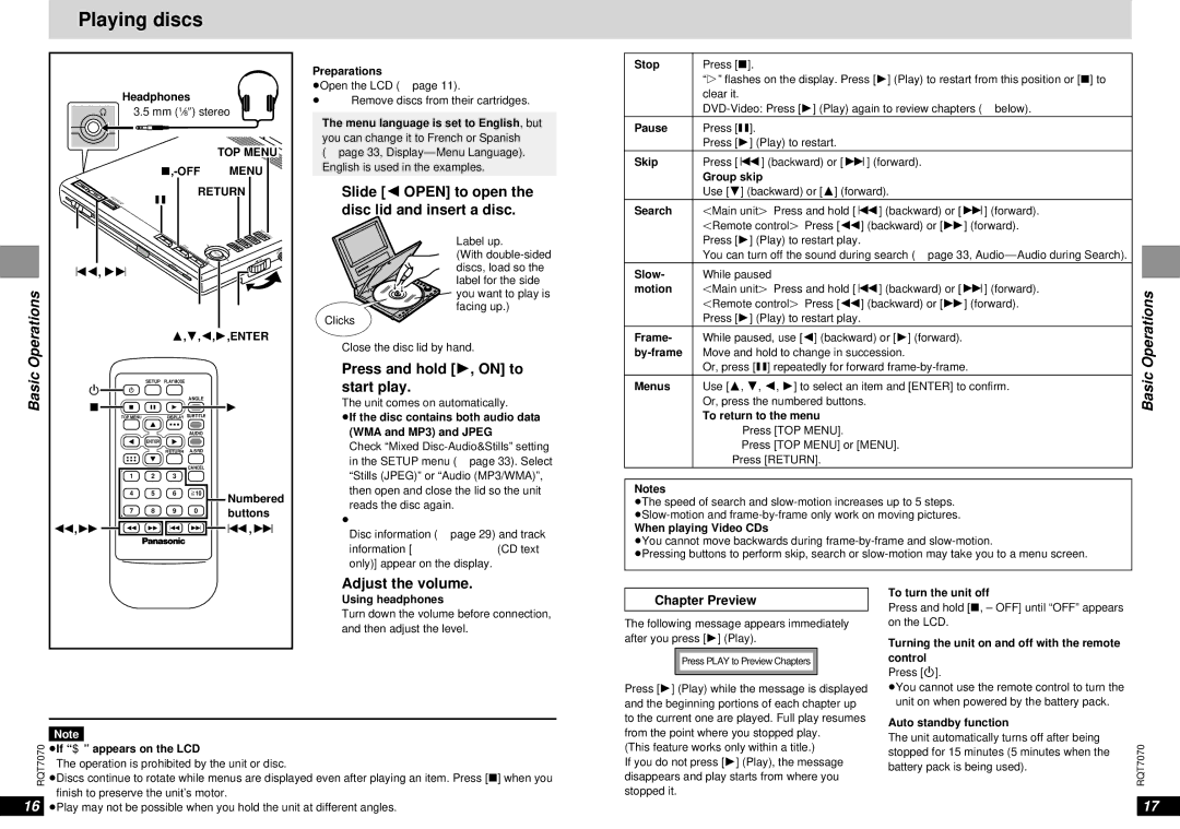 Panasonic DVD-LS5 warranty Playing discs, Operations, Basic 