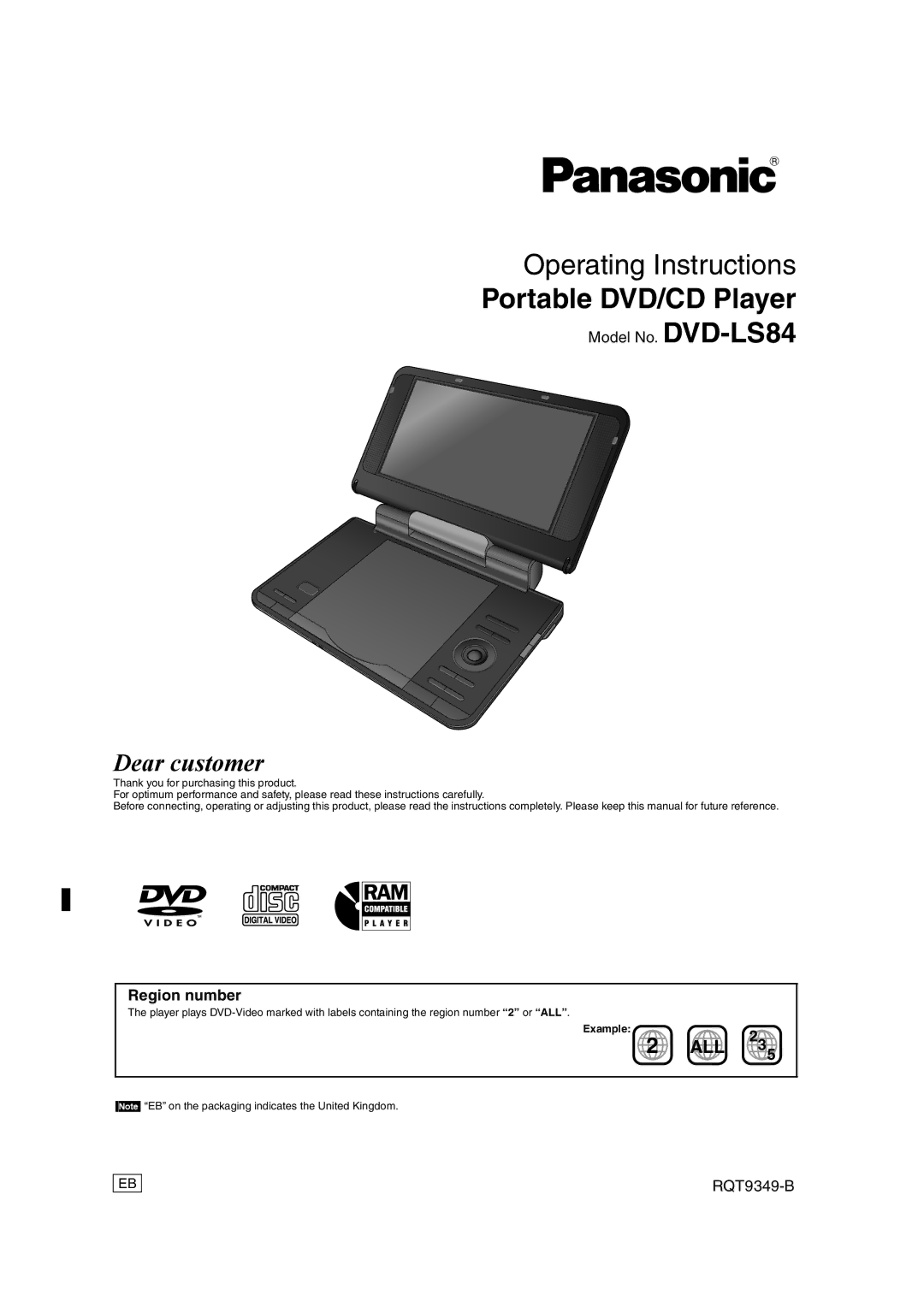 Panasonic DVD-LS84 manual Portable DVD/CD Player, Example 