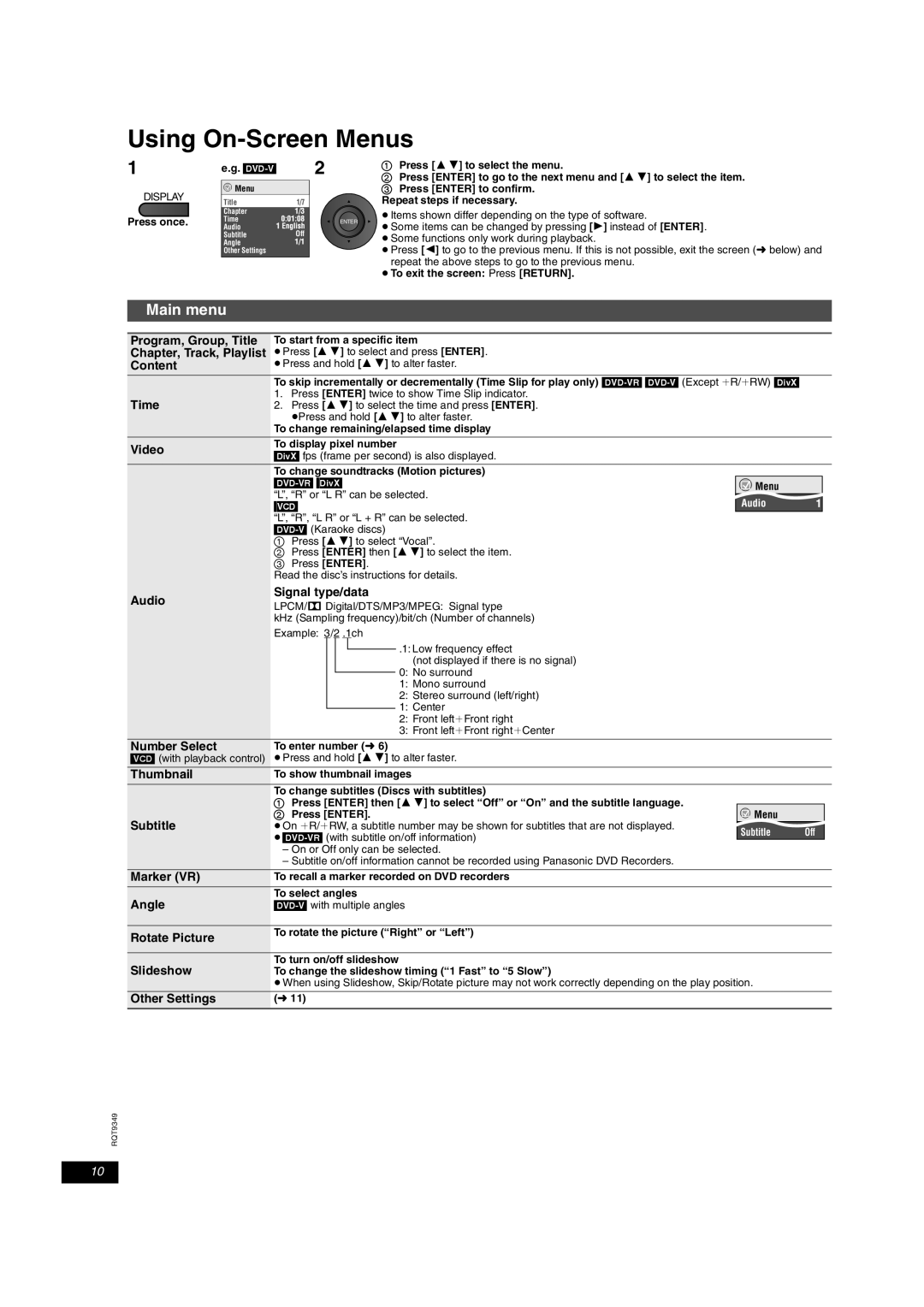 Panasonic DVD-LS84 manual Using On-Screen Menus, Main menu 