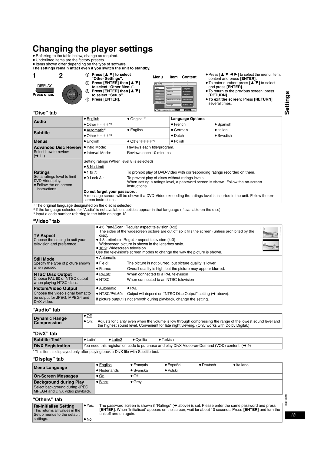 Panasonic DVD-LS84 manual Changing the player settings 