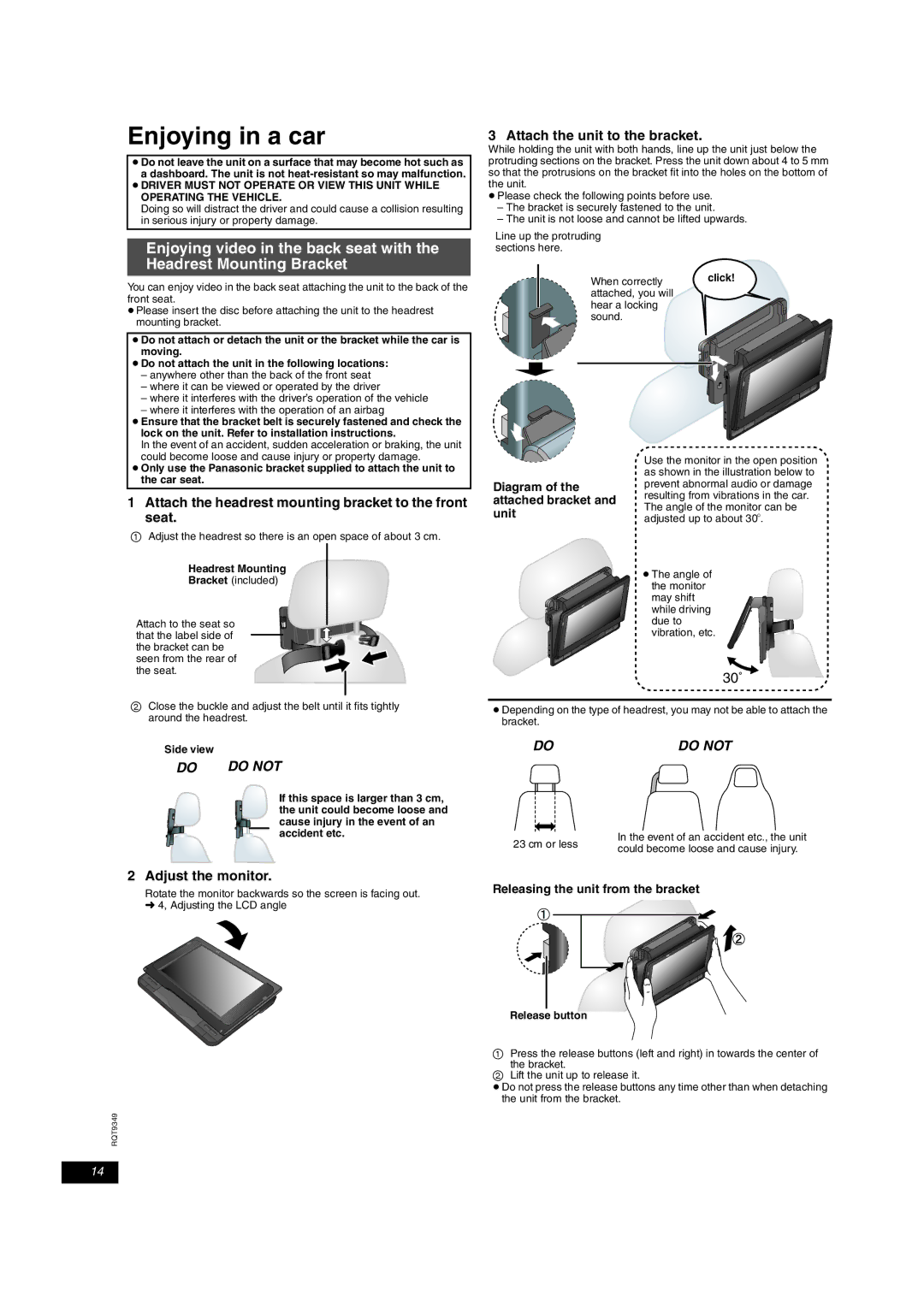 Panasonic DVD-LS84 manual Enjoying in a car, Attach the unit to the bracket, Adjust the monitor 