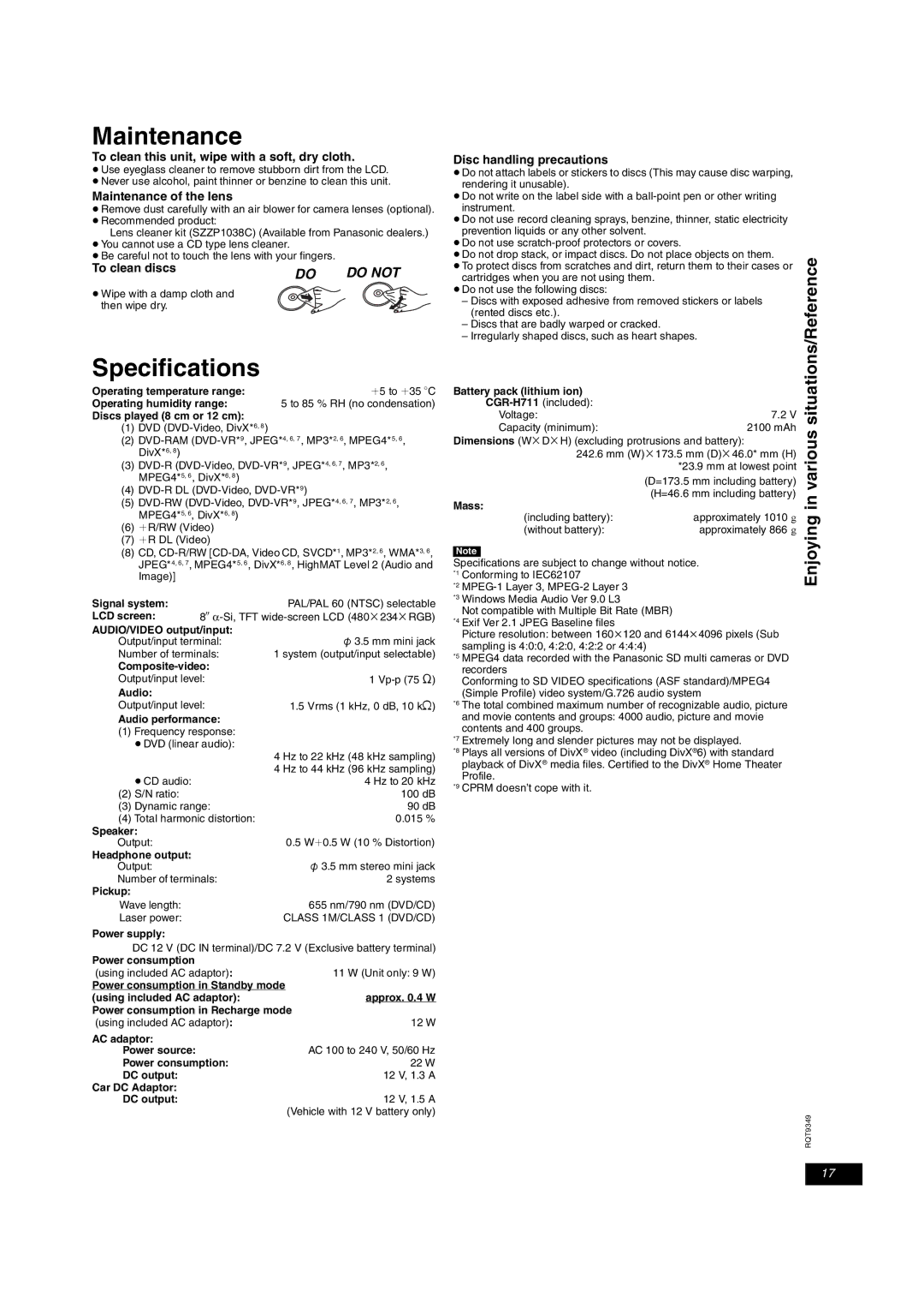 Panasonic DVD-LS84 manual Maintenance, Specifications 