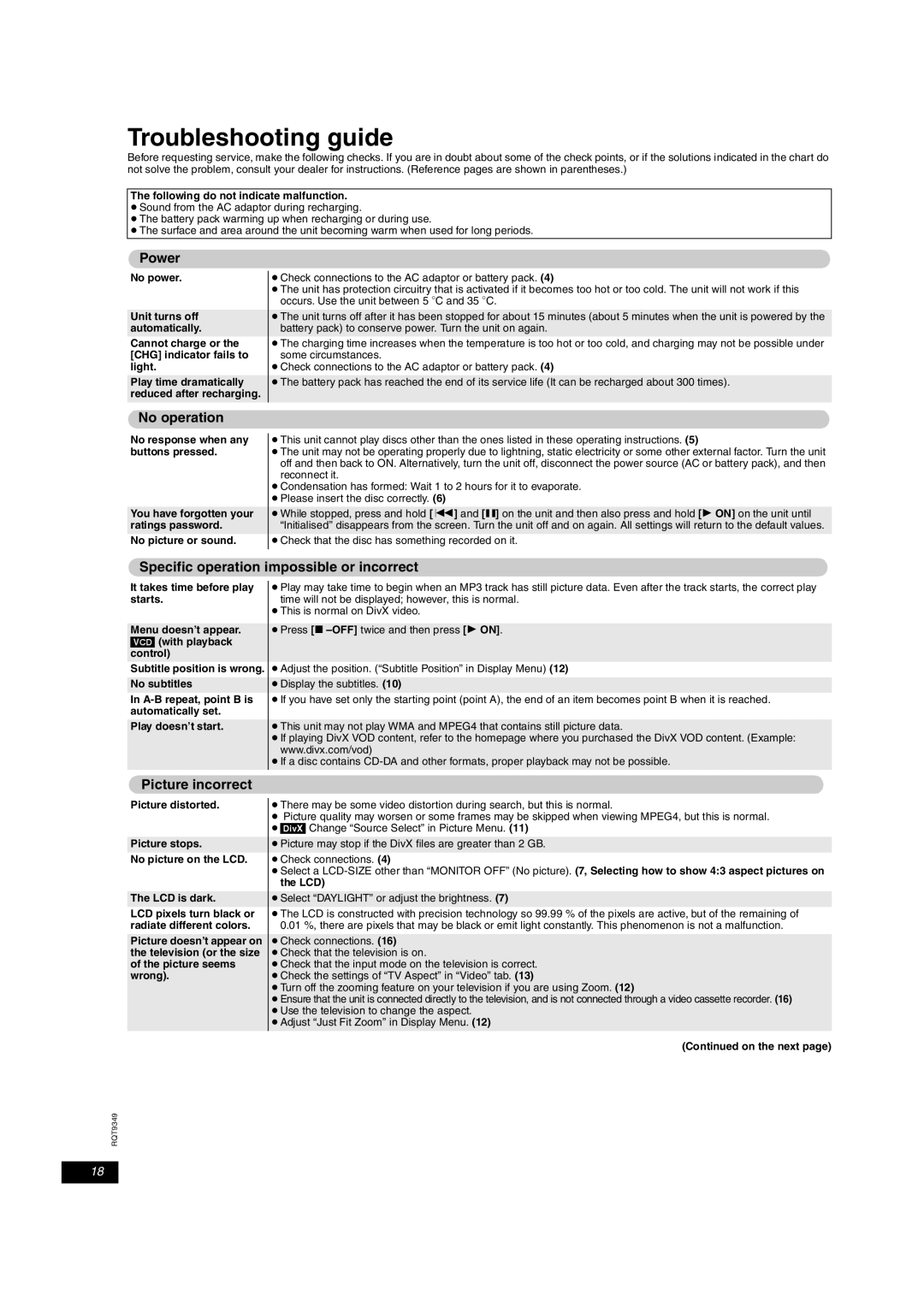 Panasonic DVD-LS84 manual Troubleshooting guide, Power, No operation, Specific operation impossible or incorrect 