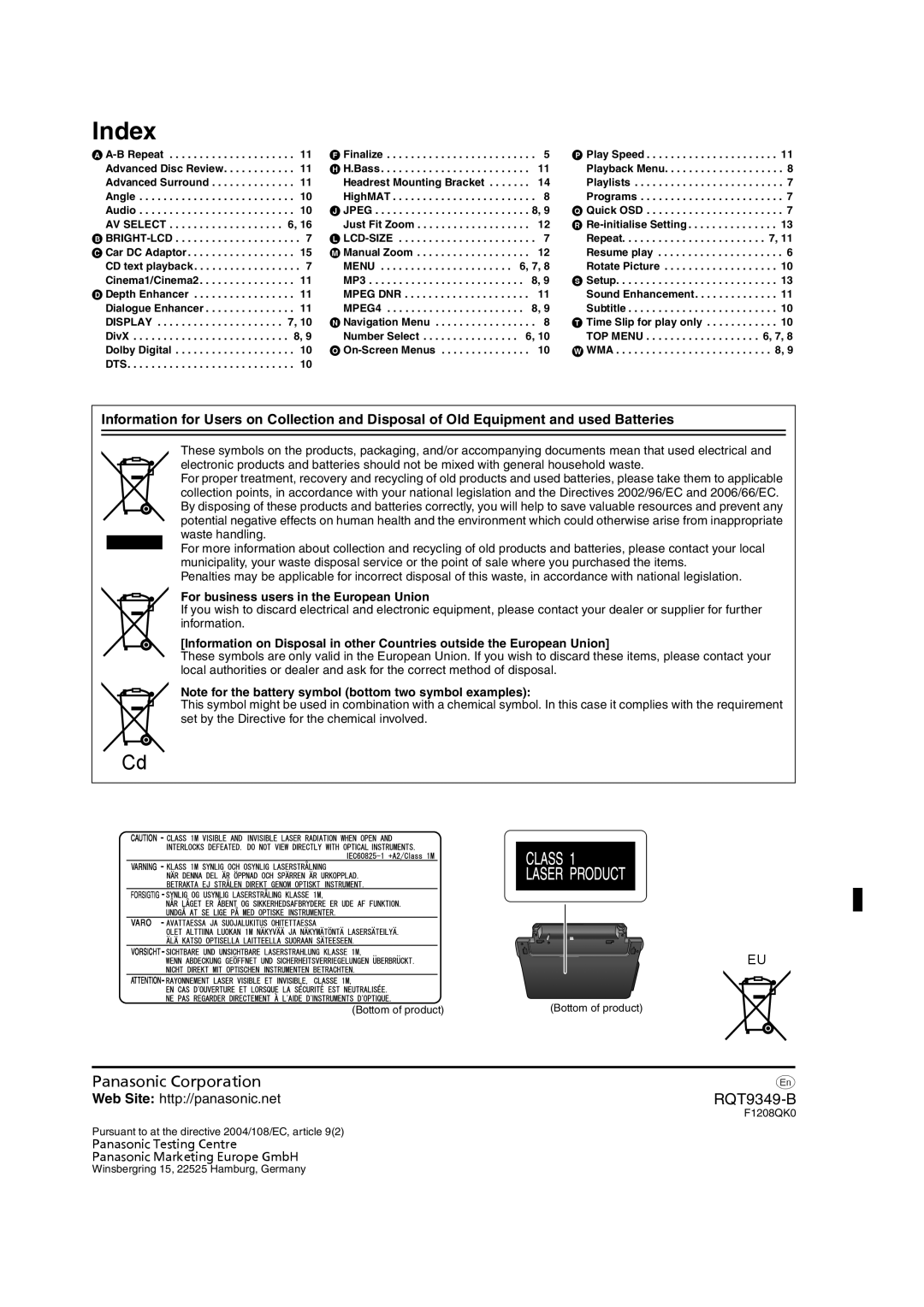 Panasonic DVD-LS84 manual Index, For business users in the European Union, MP3, MPEG4, TOP Menu 