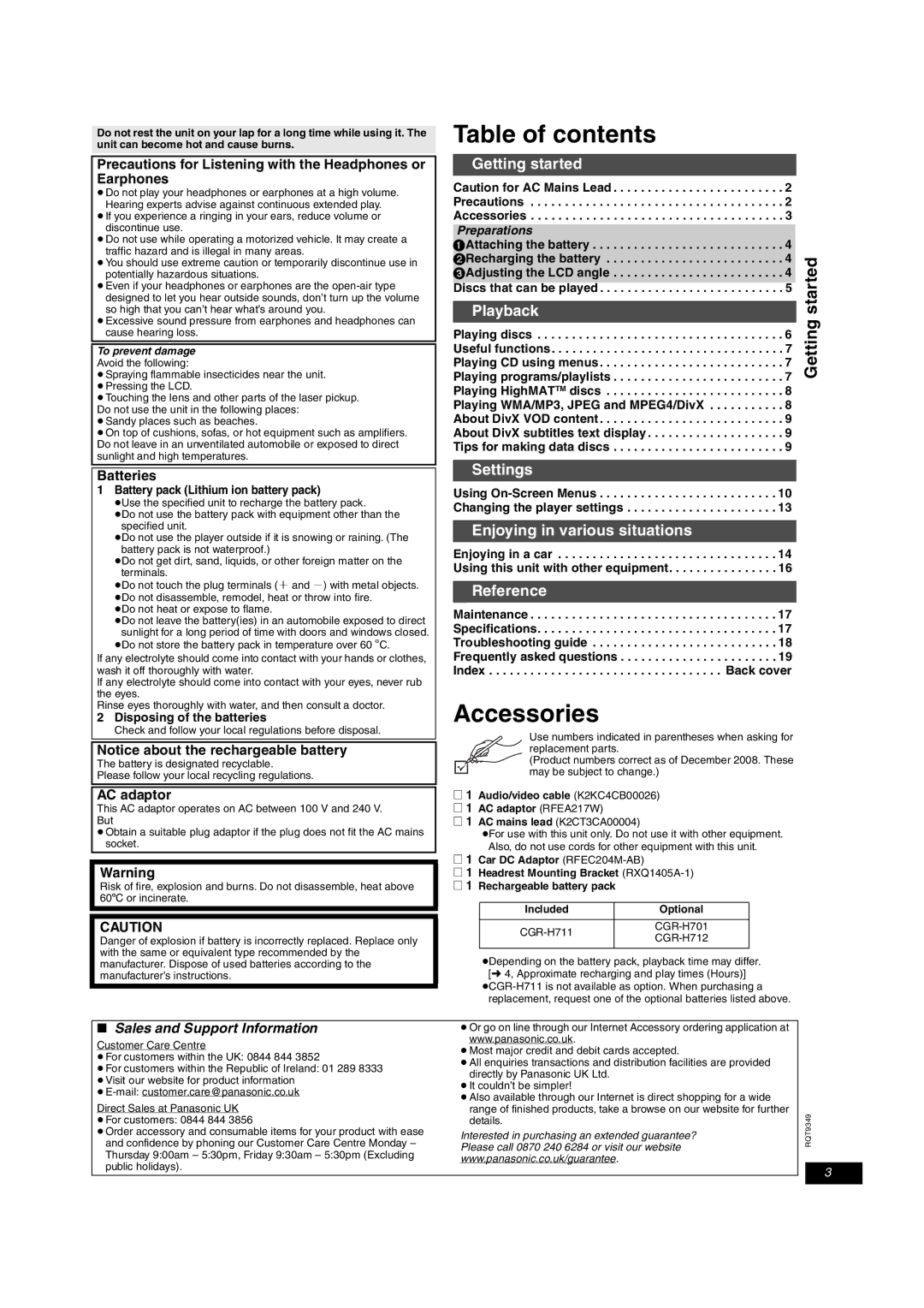 Panasonic DVD-LS84 manual Table of contents, Accessories 