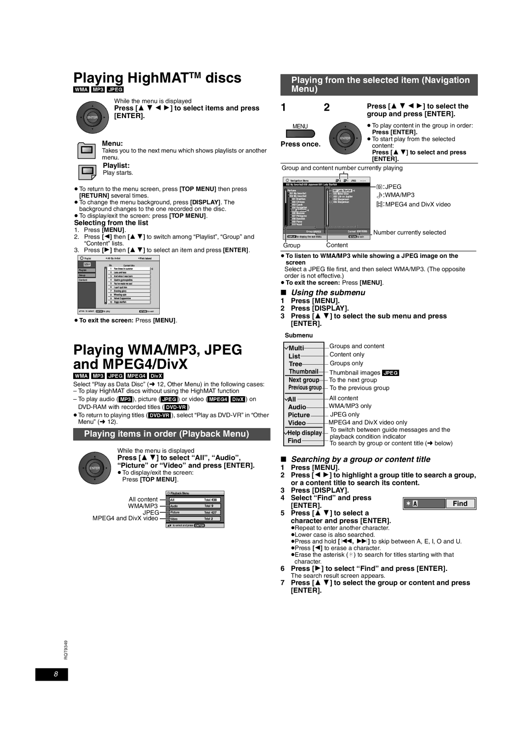 Panasonic DVD-LS84 Playing HighMATTM discs, Playing WMA/MP3, Jpeg and MPEG4/DivX, Playing items in order Playback Menu 