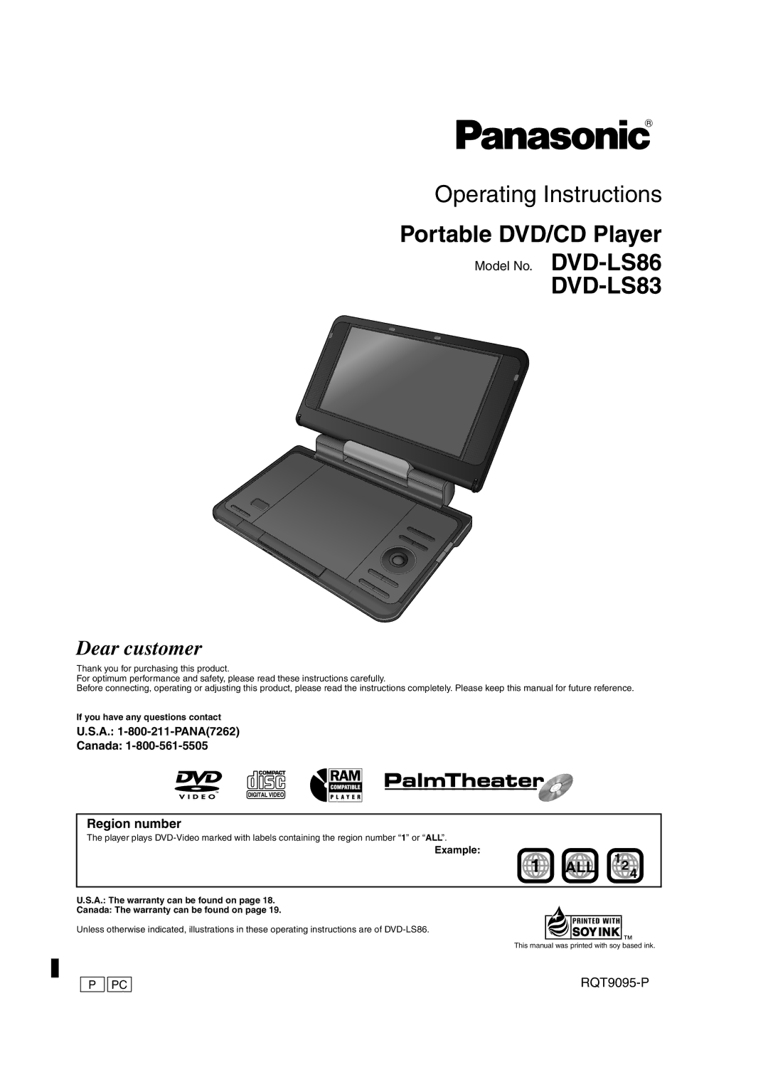 Panasonic DVD-LS83 operating instructions All, A -800-211-PANA7262 Canada, Example, If you have any questions contact 