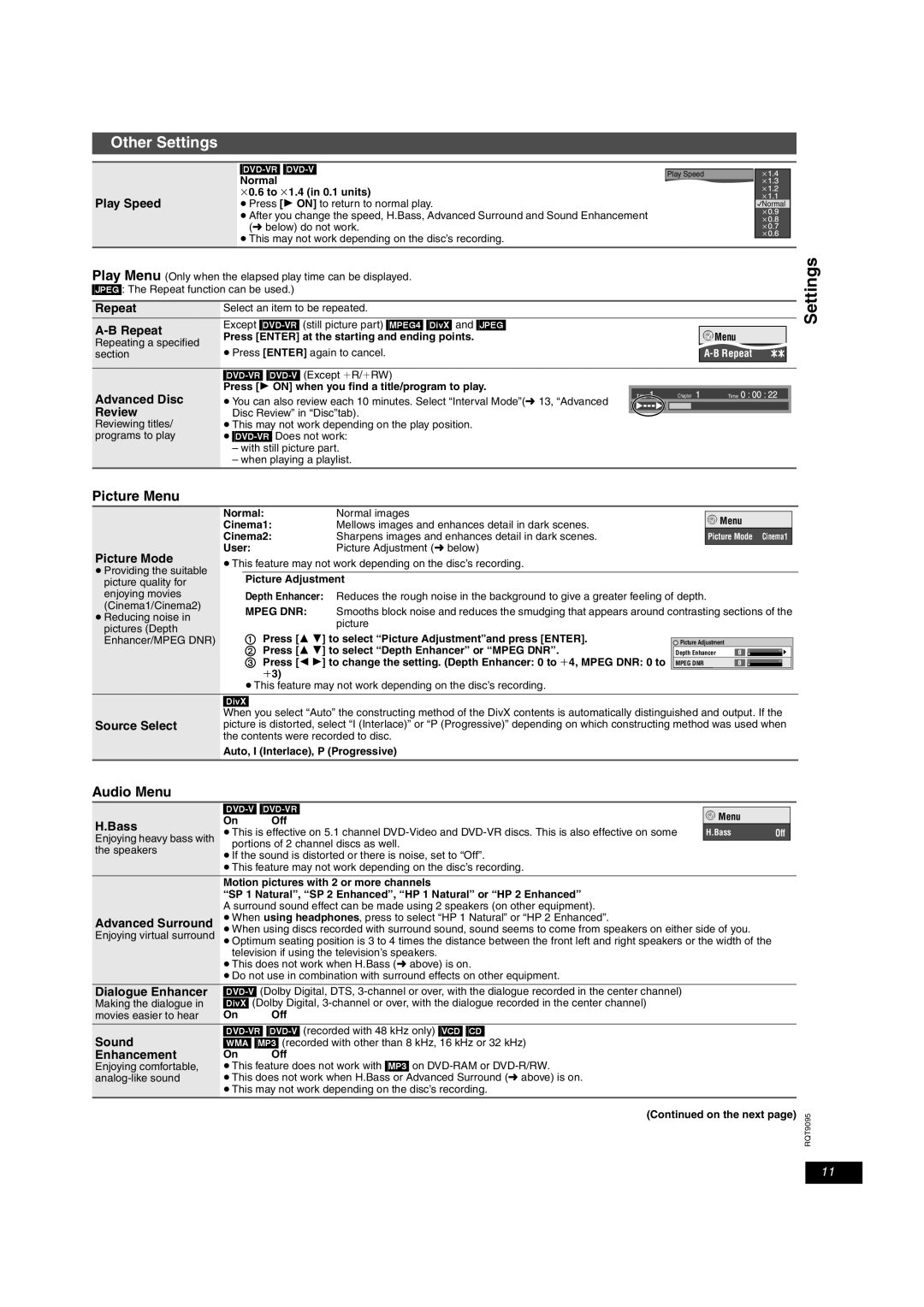 Panasonic DVD-LS83, DVD-LS86 operating instructions Other Settings, Picture Menu, Audio Menu 