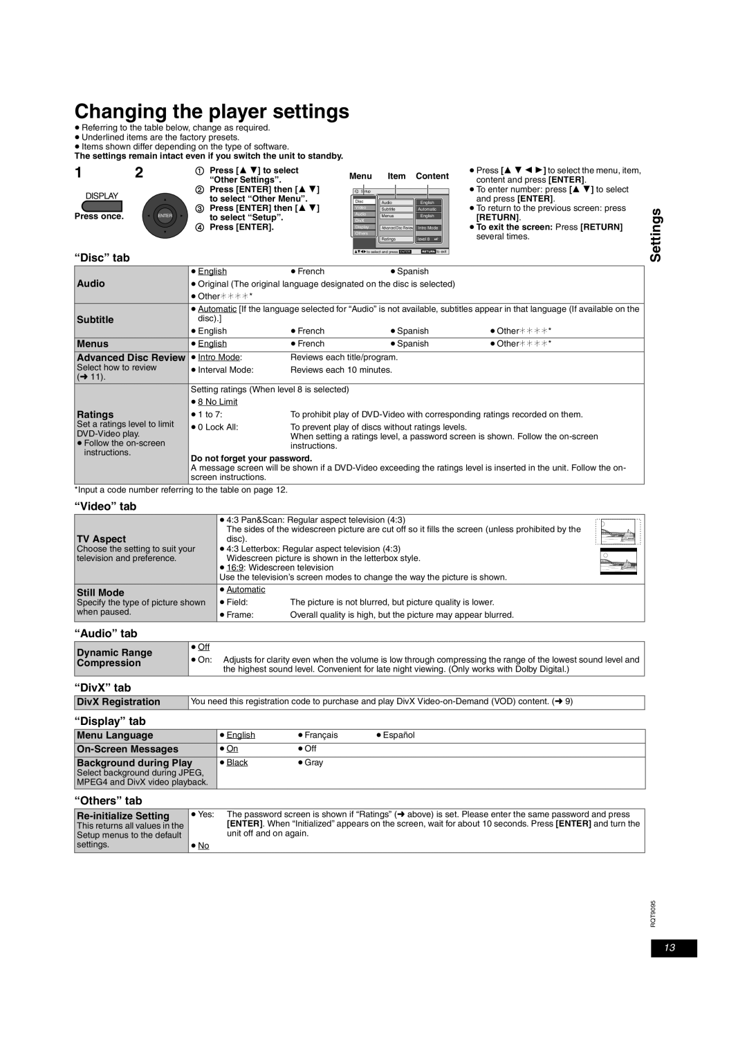 Panasonic DVD-LS83, DVD-LS86 operating instructions Changing the player settings 